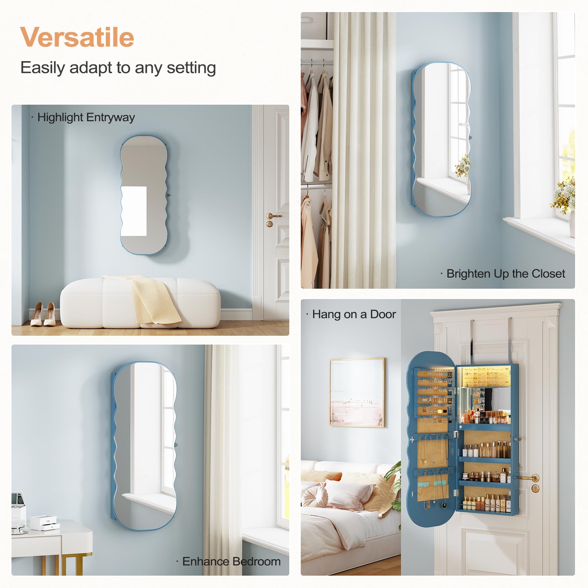 HNEBC LED Mirror Jewelry Cabinet - Wall/Door Mounted Jewelry Armoire Organizer with Lights & Lock - 42.5