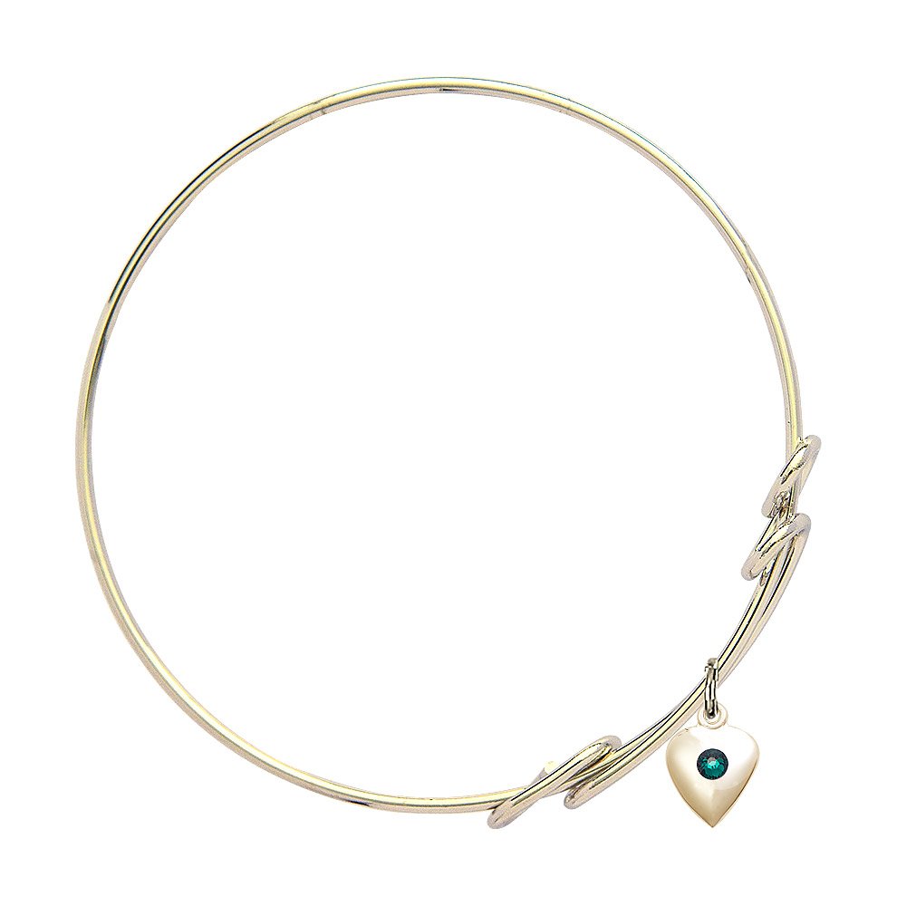 8 1/2 Inch Round Double Loop Bangle Bracelet with Heart Charm & May Green Crystal - Elegant Jewelry for Women, Perfect for Valentine's Day Gifts, Anniversary, Wedding, and Special Occasions