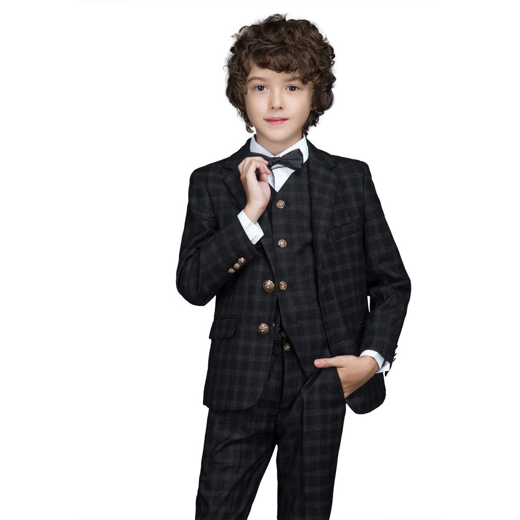 Stylish Korean Boys' Single-Breasted Checked Floral Suit - Black Formal Blazer for Kids | Perfect for Weddings, Parties & Special Occasions