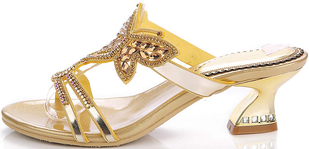 LizFoYa Women's Rhinestone Strappy Slip-On Dress Sandals with Butterfly Pattern - Comfortable Casual Heels for Weddings, Parties & Summer Outfits
