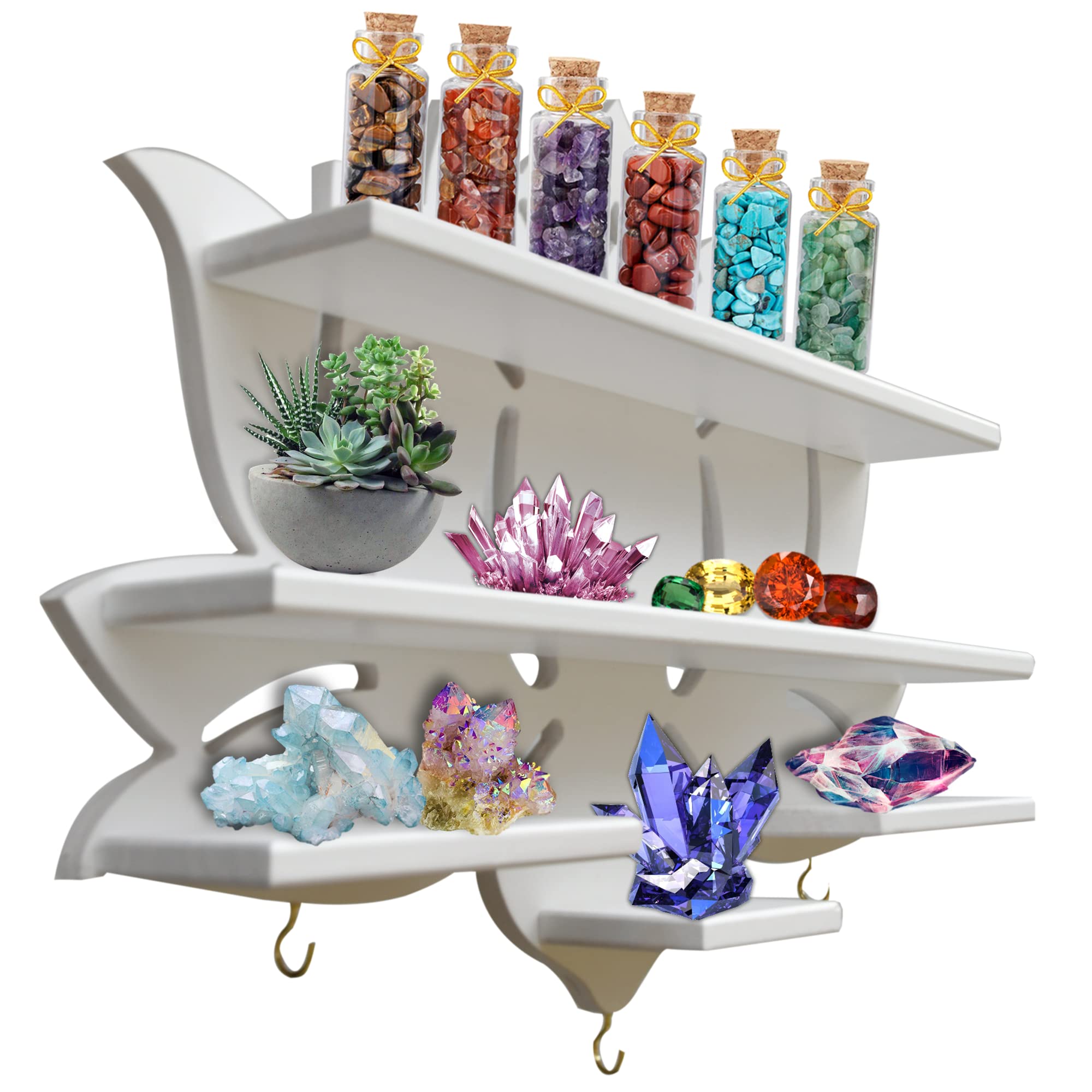 Chakral Wooden Lotus Flower Shelf for Crystals - Floating Crystal Display Shelf & Holder, Wall Decor for Bedroom Aesthetic, Pinewood (White) | Perfect for Meditation Spaces, Yoga Rooms & Spiritual Home Decor