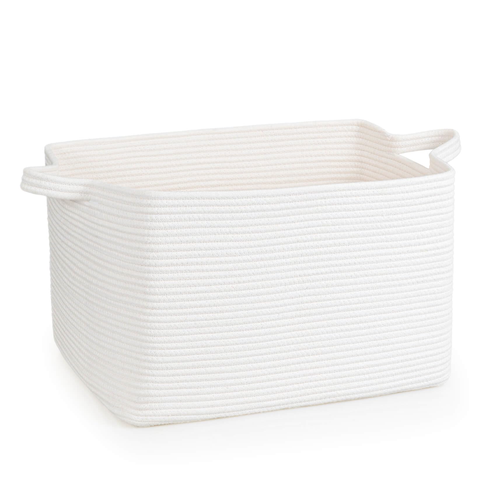 ZLG 50L White Rectangle Storage Basket with Handles - Nursery Cotton Rope Clothes Organizer, Shelf Basket for Towels & Home Essentials - 18 x 14 x 12 Inches - Perfect for Bedroom, Bathroom & Laundry Room Storage