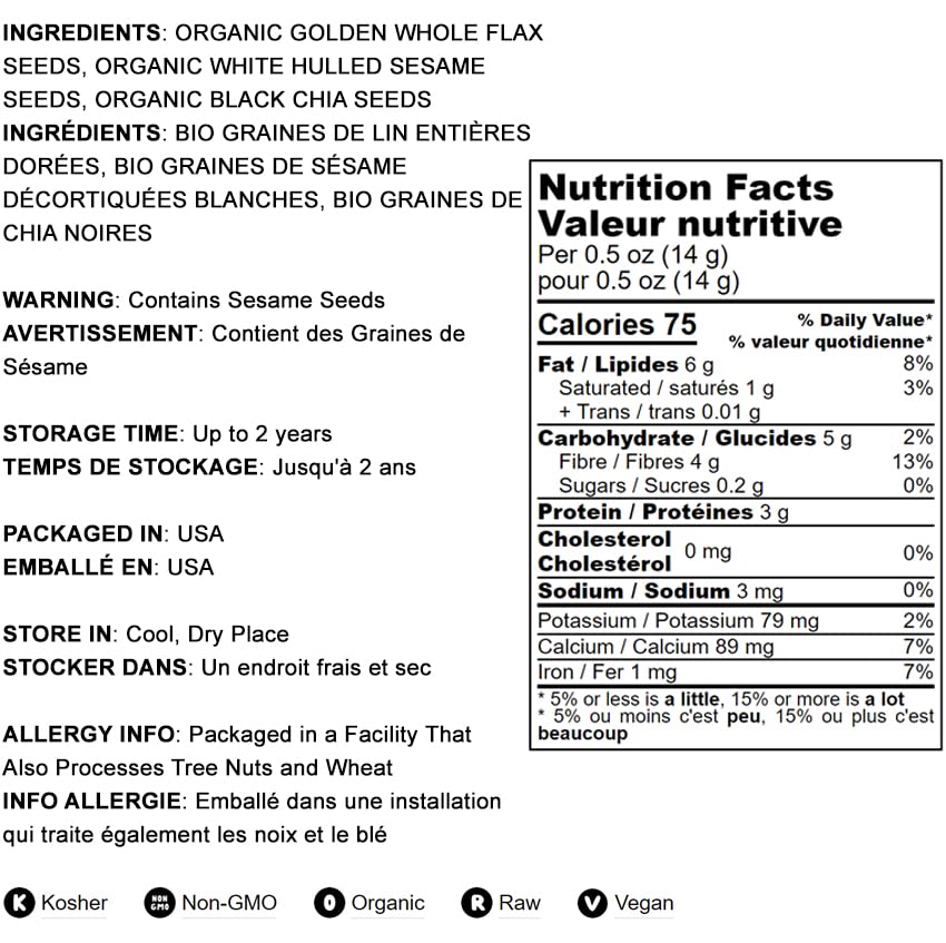 Food to Live Organic Omega-3 Seed Mix with Flax, Chia & Sesame - 5lb Non-GMO, Raw, Kosher, Vegan Superfood | Rich in Omega-3 Fatty Acids & Fiber | Perfect for Smoothie Bowls, Yogurt Toppings, Baking & Healthy Snacks