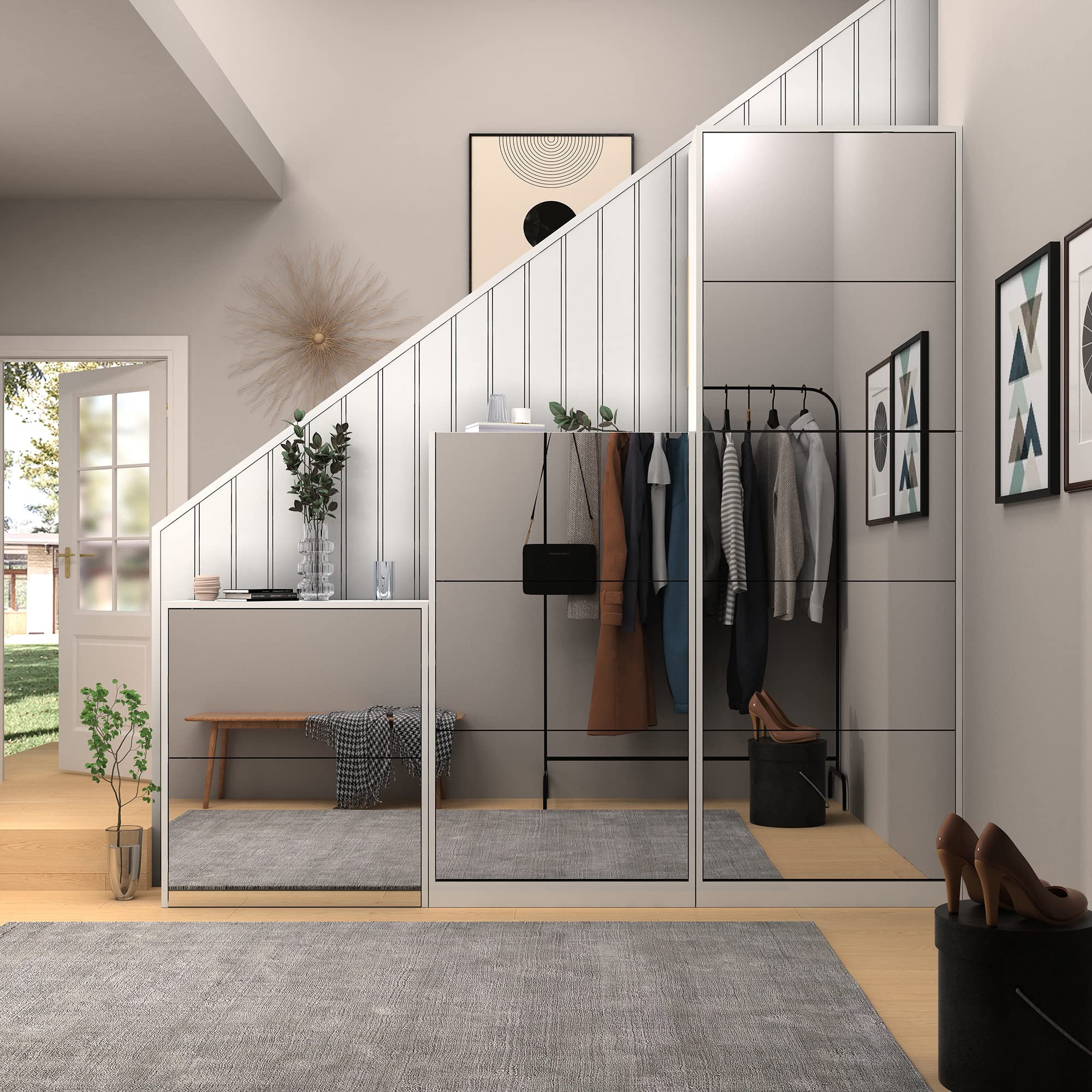GLS Floor Standing Full Length Mirror Shoe Cabinet - 5 Tier Closet Shoe Organizer for Living Room, Bedroom & Entryway - White - Space Saving Storage Solution for Shoes, Hats & Accessories