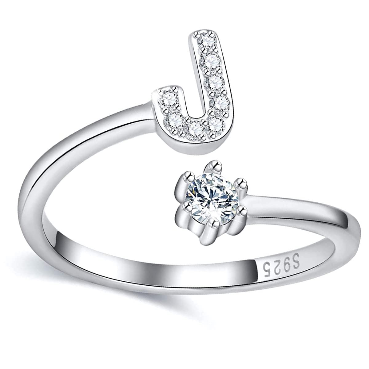 RULMEIN Initial Ring 925 Sterling Silver Letter Rings A-Z Stackable Alphabet Knuckle Rings with Cubic Zirconia - Adjustable Capital Letter Jewelry for Women (Size 7) - Perfect for Layering, Gifts, and Everyday Wear