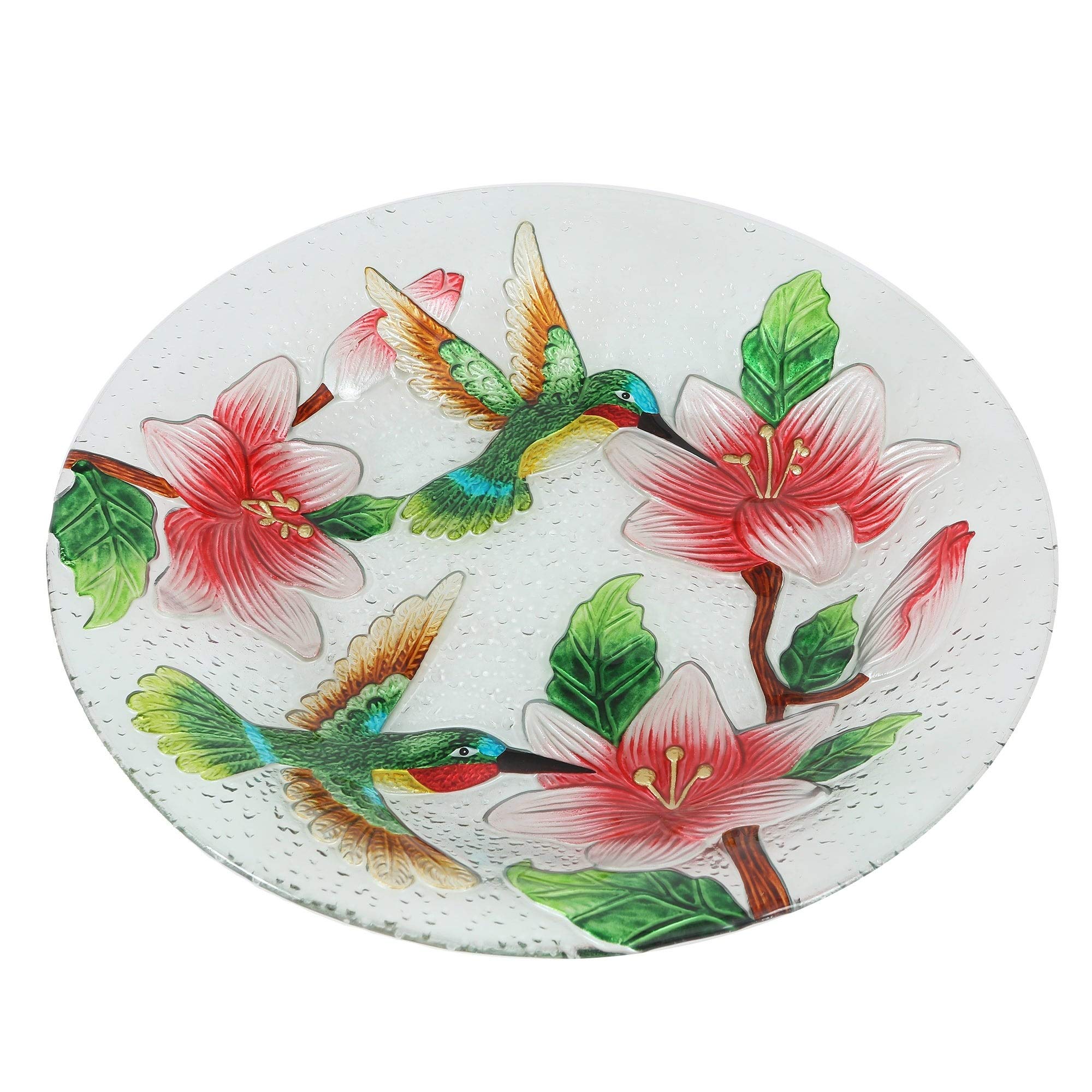 Hummingbird Glass Bird Bath with Metal Stand - Green, Red, White Medium Size for Garden Decor, Outdoor Patio, and Backyard Wildlife Attraction