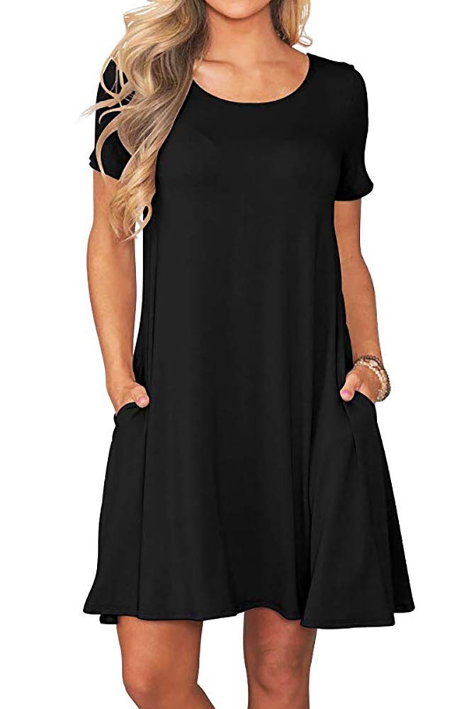 Women's Summer Casual T-Shirt Dress - Short Sleeve Pleated Pocket Tank Dress, Loose Fit Swing Dress in Black | Perfect for Beach Outings, Weekend Brunch & Summer Vacation