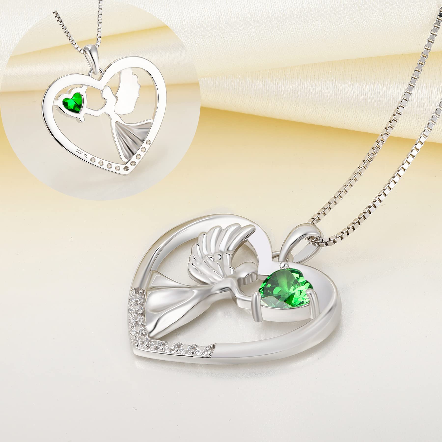 YL Sterling Silver Heart Necklace with Angel Wings & Birthstone - Elegant Love Pendant Jewelry for Women, Perfect for Valentine's Day, Anniversary & Birthday Gifts