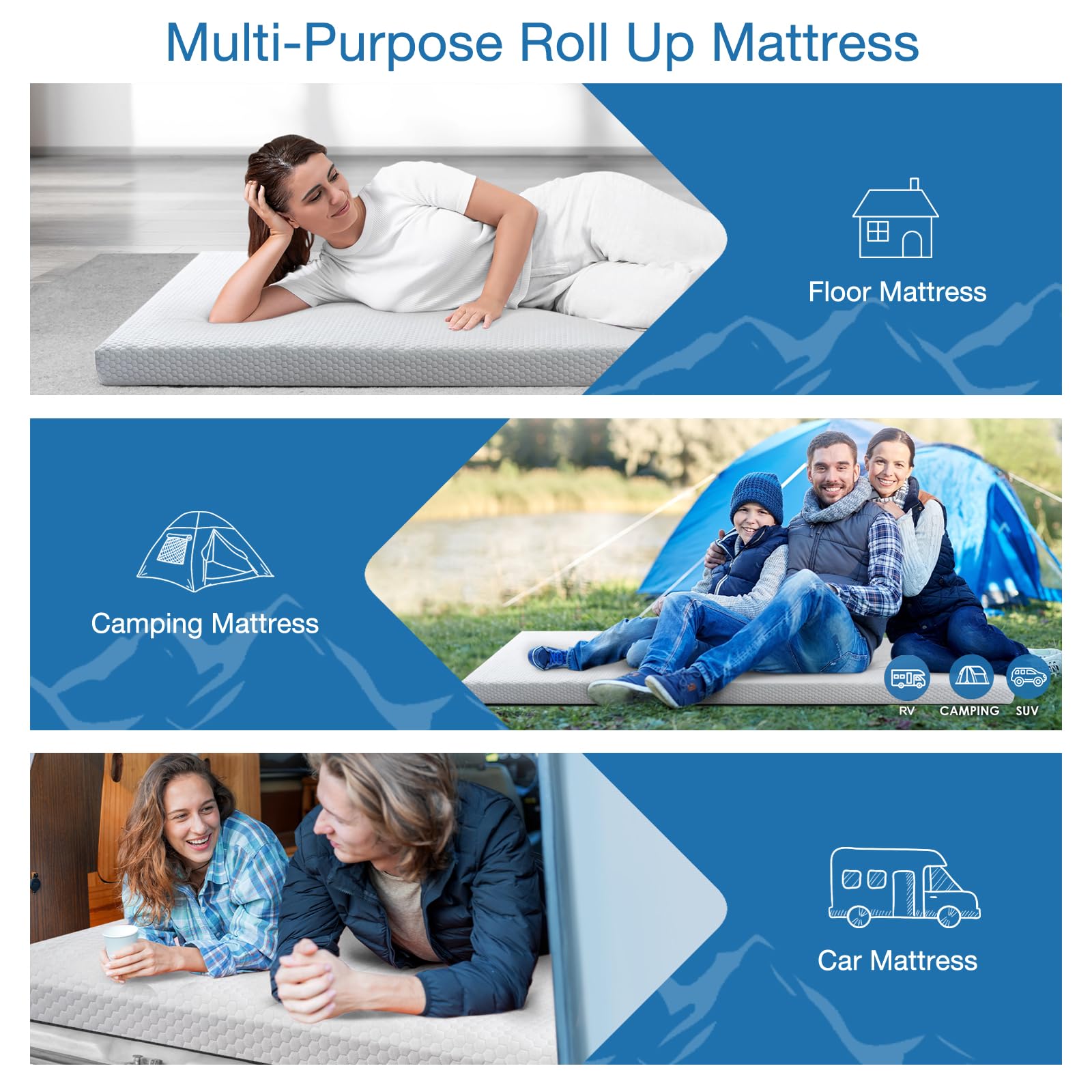 KingChii CertiPUR-US Certified Memory Foam Camping Mattress - Portable Roll Up Travel & Car Sleeping Pad, Foldable Floor Mattress for Guest Bed, Cot, Sleepovers - Perfect for Outdoor Adventures, Road Trips & Home Use