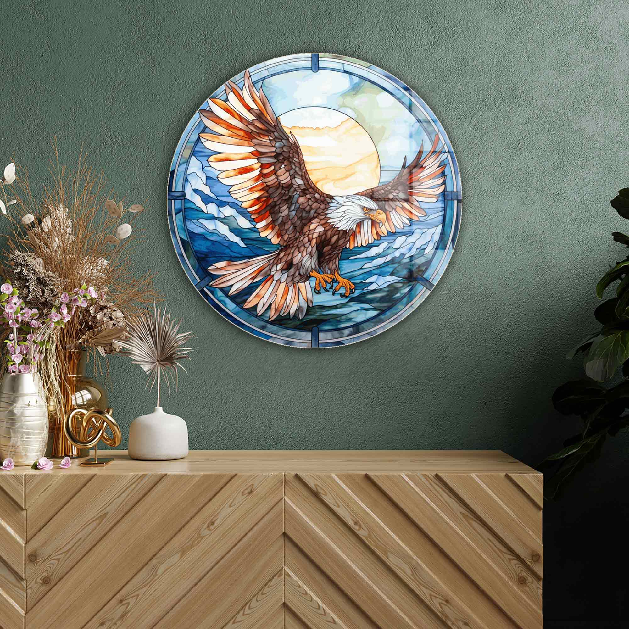 Stained Eagle Rounded Glass Wall Art - Handcrafted Decorative Glass Panel for Home & Office Decor - Perfect for Living Room, Bedroom, or Entryway