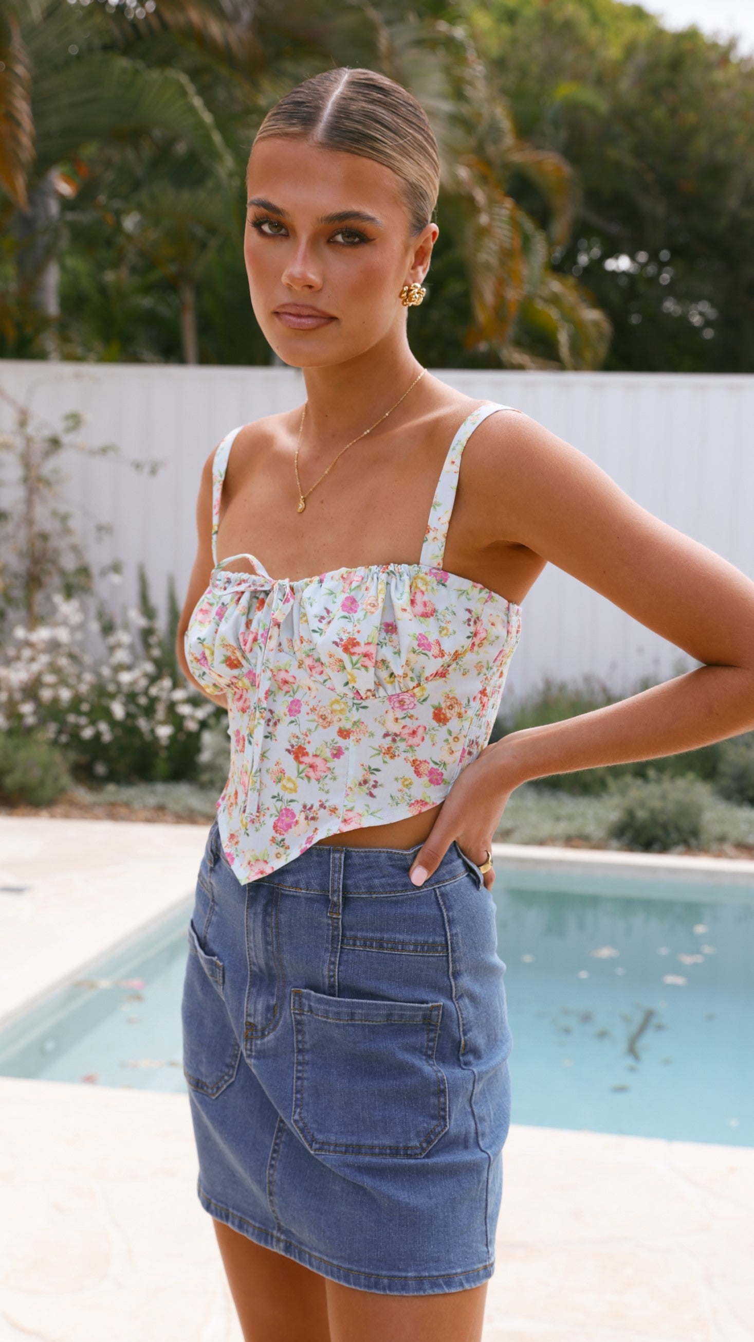 Ashton Top Blue Floral Print Women's Blouse - Casual Summer Tops for Outings & Beach Wear