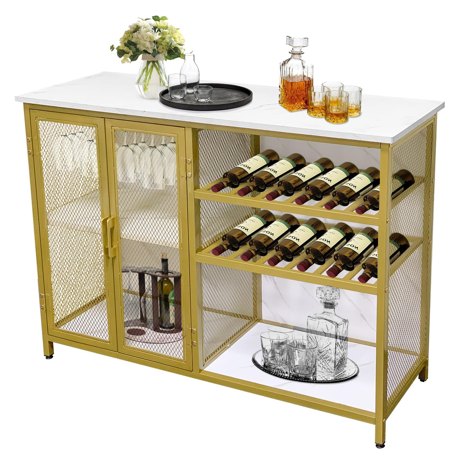 AT-VALY Bar Cabinet with Wine Rack & Glass Holder - Small Buffet Sideboard with Mesh Doors, Gold Finish - Perfect for Home Bar, Dining Room & Kitchen Storage