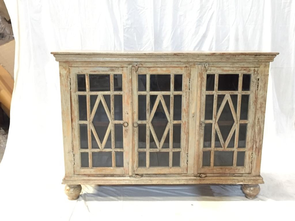 Hand Carved Indian Solid Wood Jali Buffet Sideboard with Glass Doors - Traditional Elegance for Dining Room, Living Room & Entryway Storage