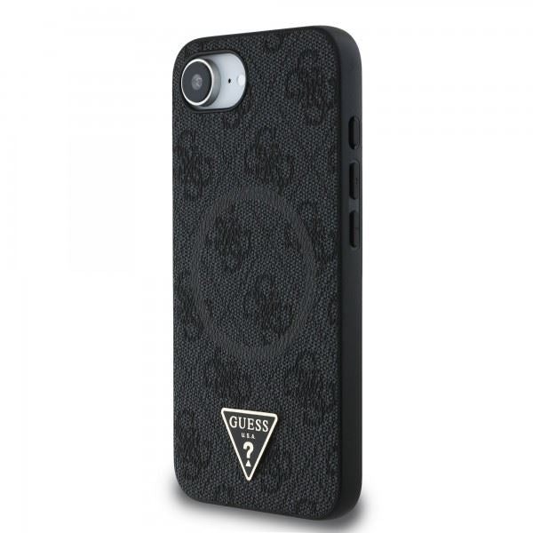 Guess PU Leather 4G Rhinestone Triangle Metal Logo Phone Case for iPhone 16e - Black | Stylish Protective Cover for Women, Fashion Accessory for Daily Use & Night Out