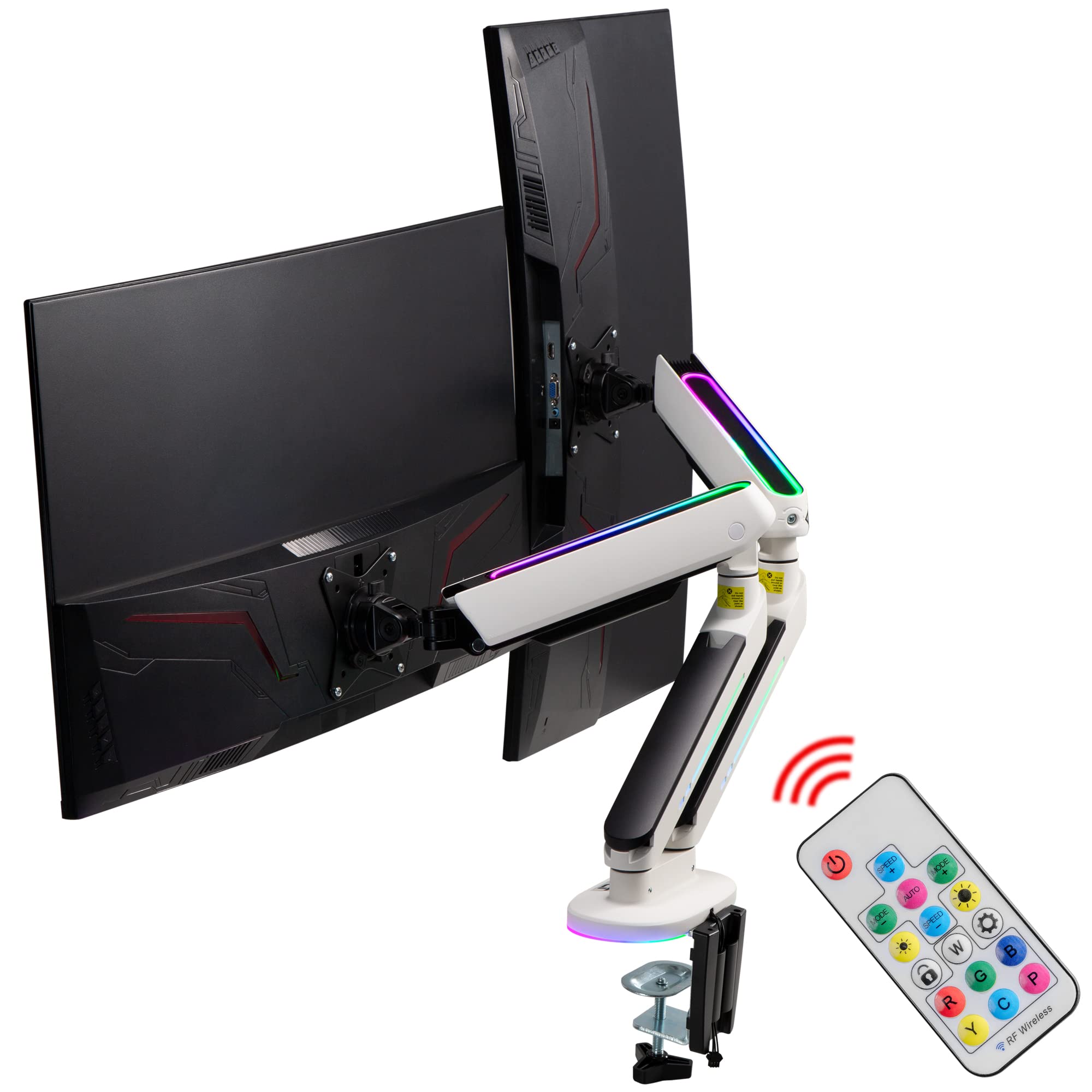 AVLT RGB Dual Monitor Arm Mount for 13”-32” Screens - Built-in 179 Lighting Modes with 17-Key Remote, Full Motion Adjustable Stand for Flat/Curved Monitors | Perfect for Gaming Setup, Home Office & Workstation Ergonomics