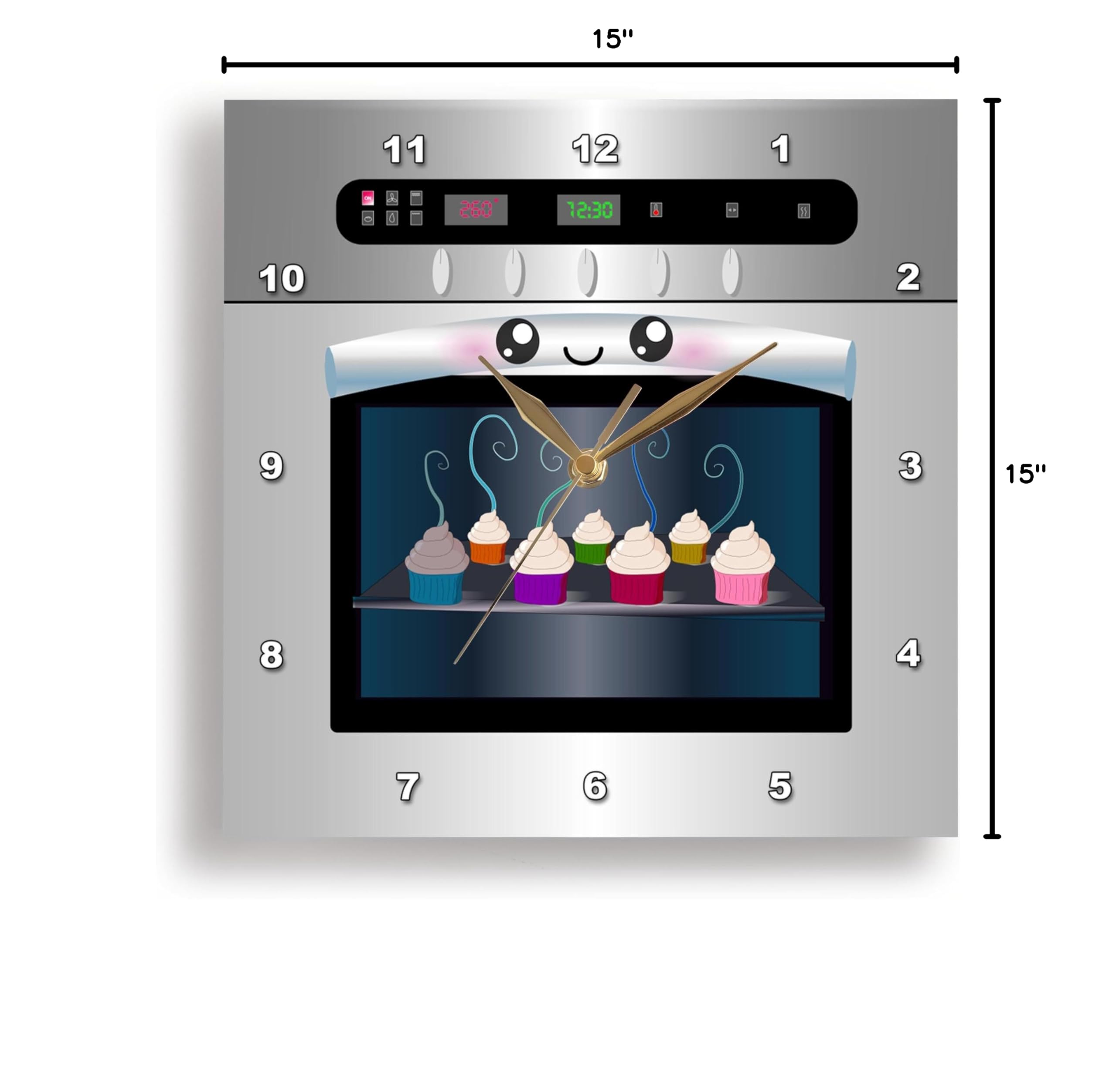 3DRose DPP_58309_3 Cute Kawaii Happy Smiling Oven Wall Clock with Baking Cupcakes - 15x15 Inch Kitchen Decor for Chefs, Foodies & Baking Enthusiasts - Perfect for Home, Cafe or Bakery Decor