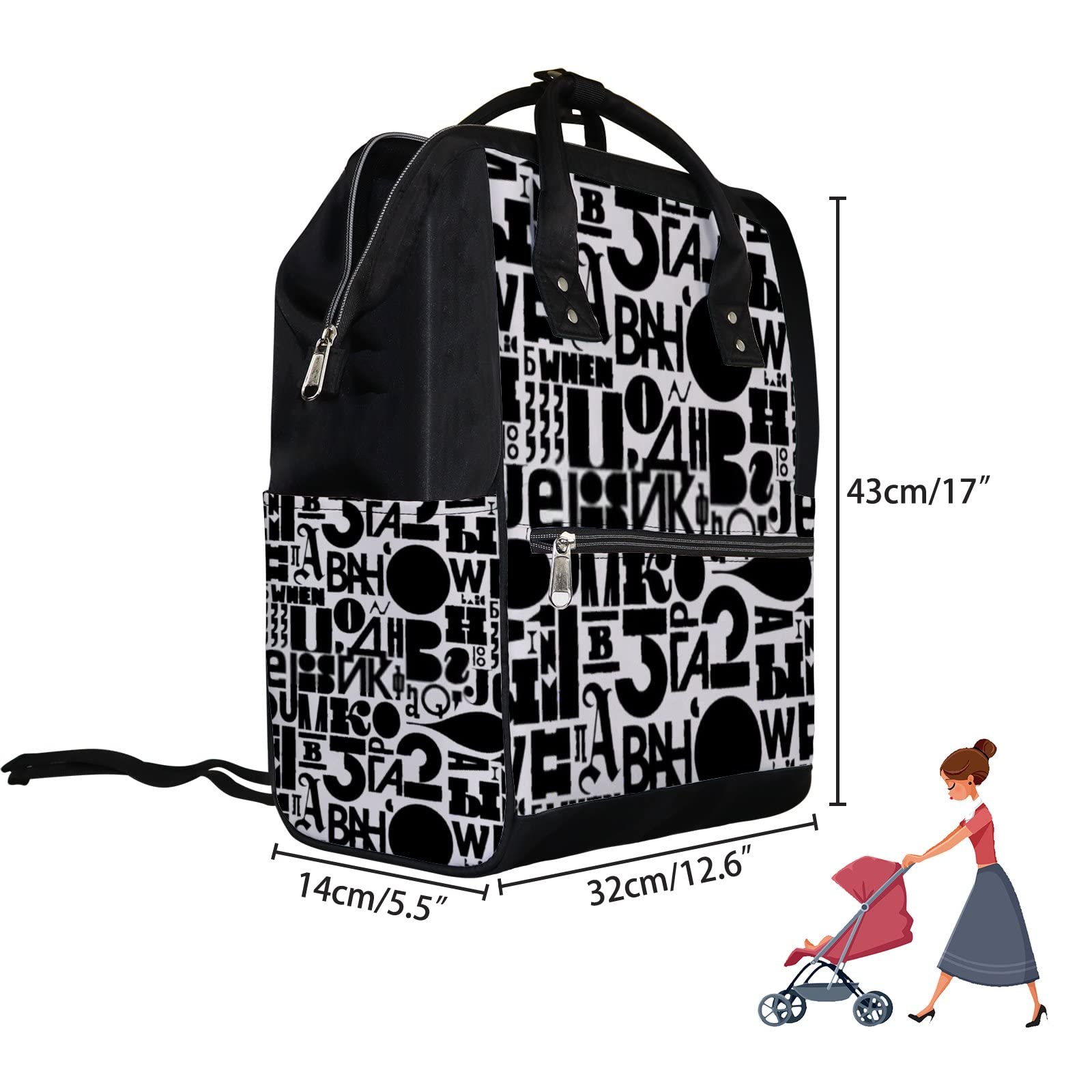 **Stylish Waterproof Diaper Backpack for Moms - Large Capacity Baby Nappy Bag with Decorative Letters, Black & White - Perfect for Nursing, Travel & Daily Use**