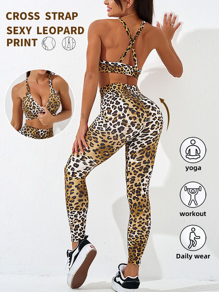 ZASUWA Women's U Neck Leopard Print Cross Back Hollow Out Tracksuit Set - Sexy Workout Outfit for Gym, Yoga & Running