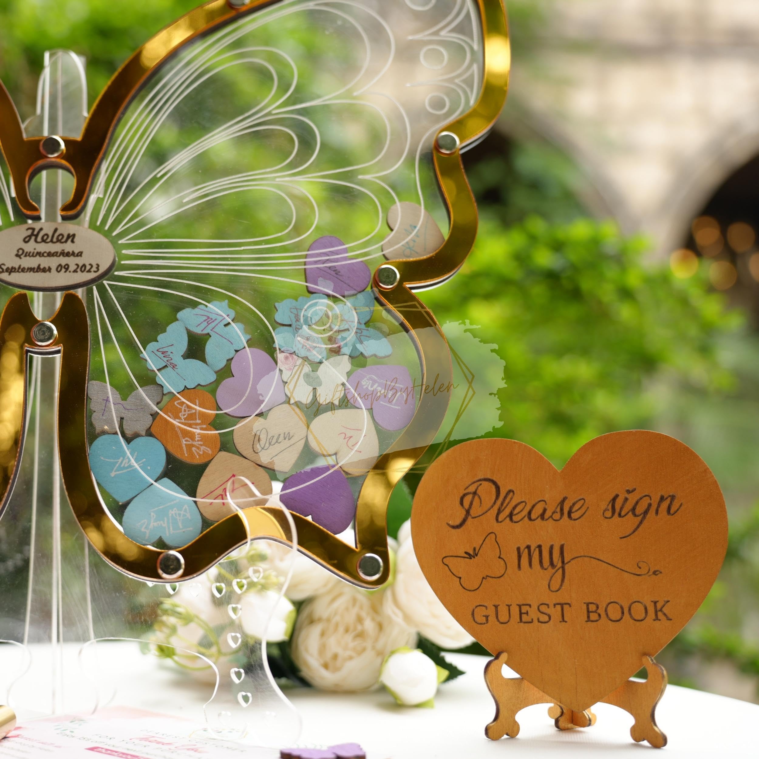 Personalized Butterfly Guest Book for Quinceañera & Sweet 15 - Wooden Heart Wedding Guest Book with Butterfly Frame for Signing - Perfect for Wedding Receptions, Quinceañeras, and Birthday Celebrations