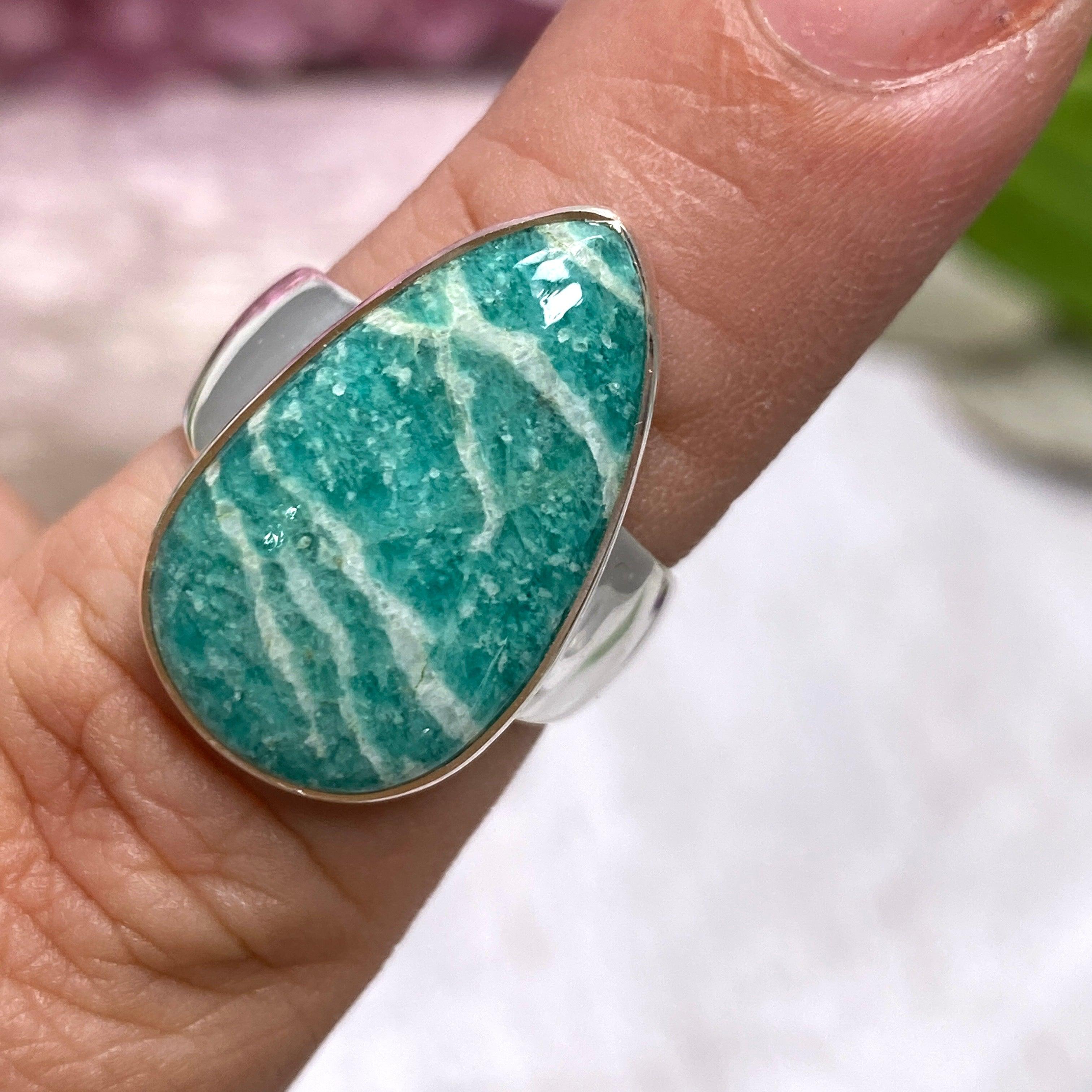 Amazonite Teardrop Ring - Size 7, Sterling Silver, Handmade Boho Jewelry (KRGJ2565) | Perfect for Wedding, Gift & Everyday Boho Fashion