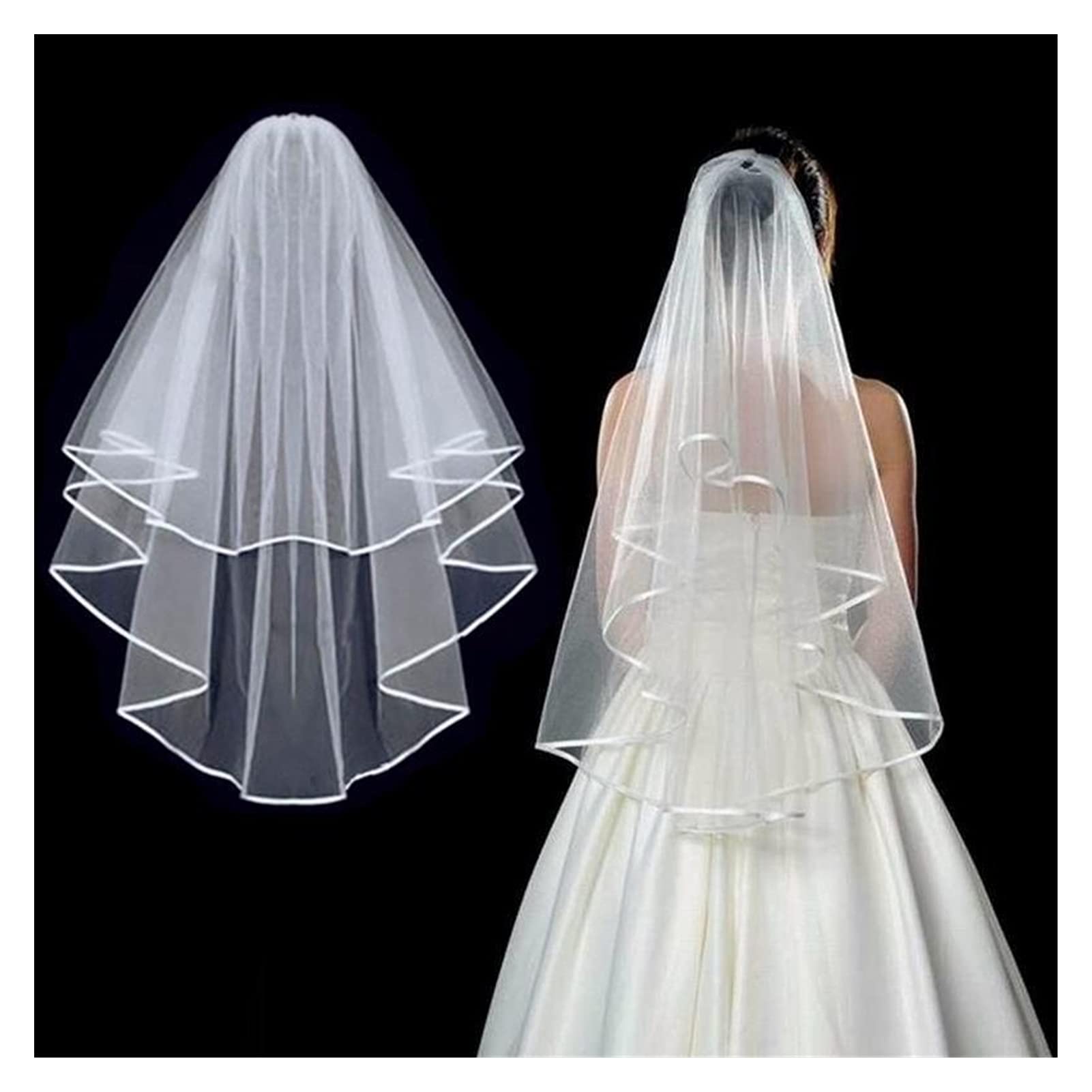 Elegant Two-Layer White Tulle Wedding Veil with Ribbon Edge & Comb - Perfect Bridal Accessory for Ceremony & Reception (Beige)