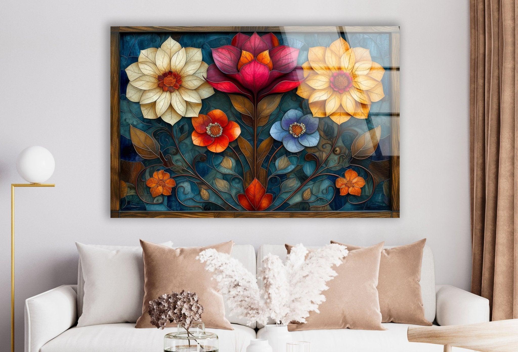 Art Nouveau Flowers Glass Wall Art - Handmade Stained Glass Decor for Home & Office - Perfect for Living Room, Bedroom, or Gift