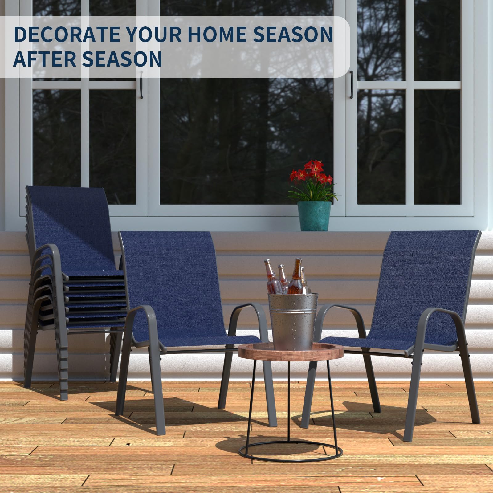 Amopatio 8-Piece Patio Chair Set - Stackable All-Weather Outdoor Dining Chairs, Breathable Garden Furniture for Backyard, Deck, Poolside - Navy Blue | Perfect for BBQs, Outdoor Entertaining & Relaxation