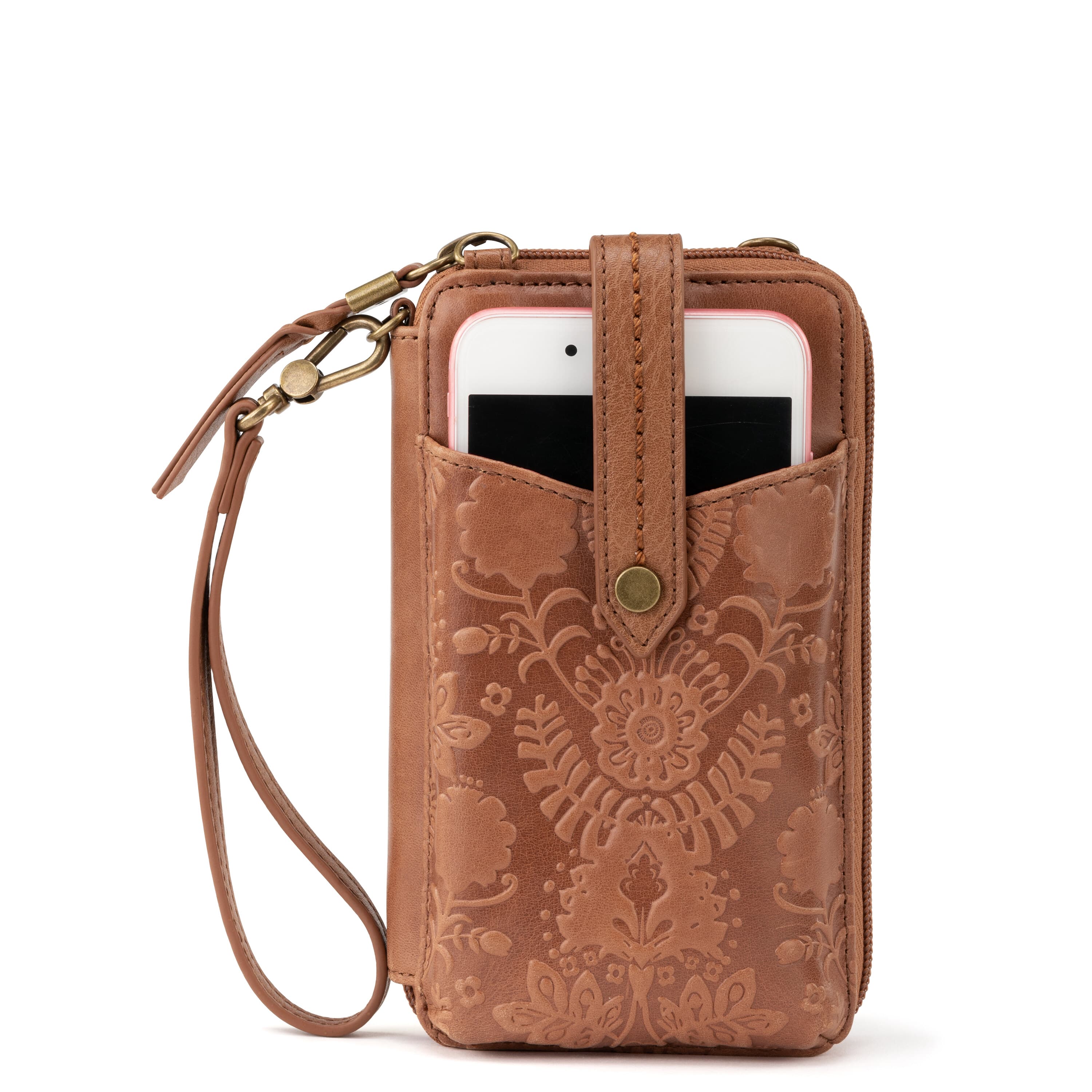 Silverlake Smartphone Wallet - Genuine Leather with Tobacco Floral Embossed Design - Slim RFID Blocking Card Holder for iPhone & Android - Perfect for Travel, Shopping & Everyday Use