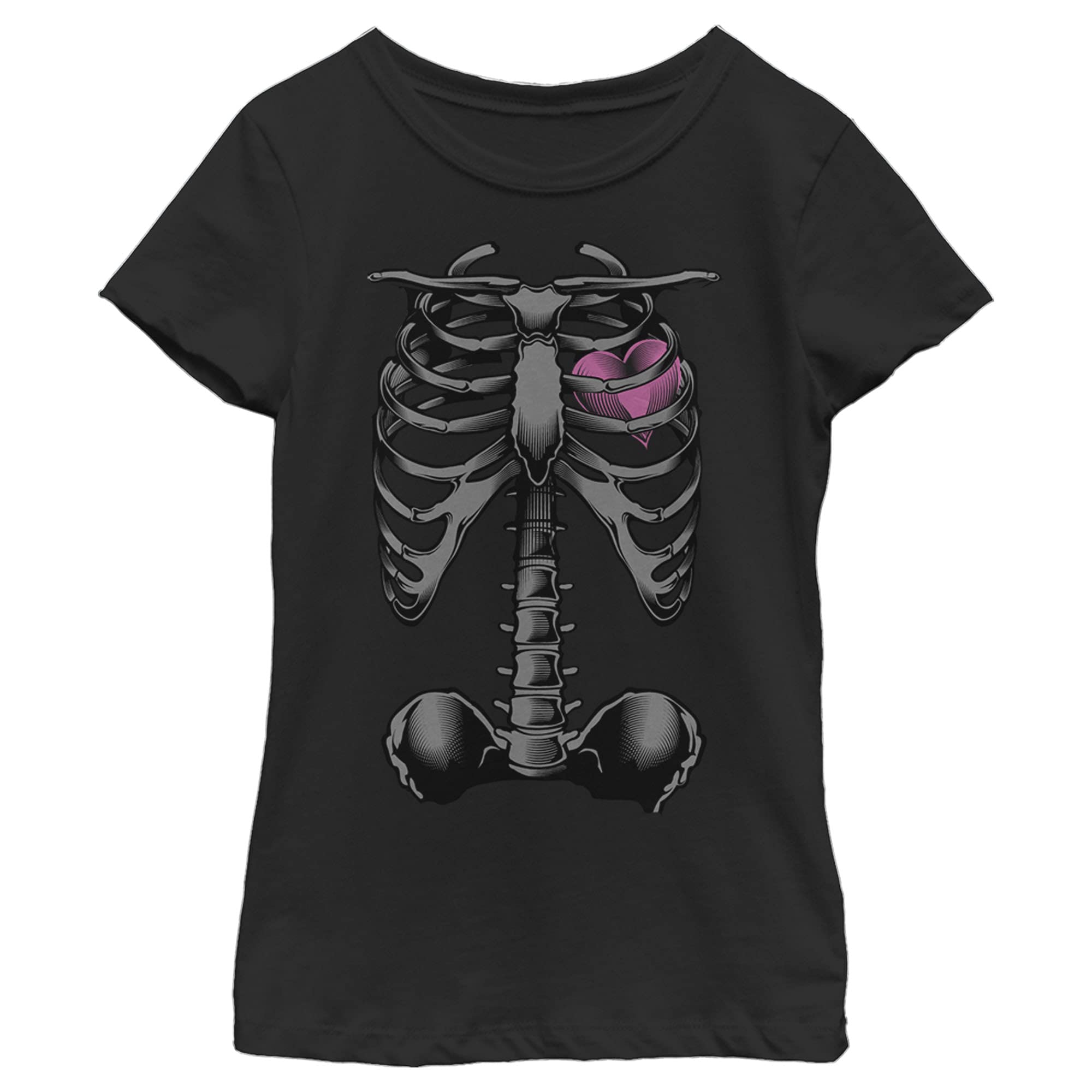 Girl's Lost Gods Halloween Skeleton Rib Cage Heart Graphic T-Shirt | Spooky Costume Top for Trick or Treating & Halloween Parties