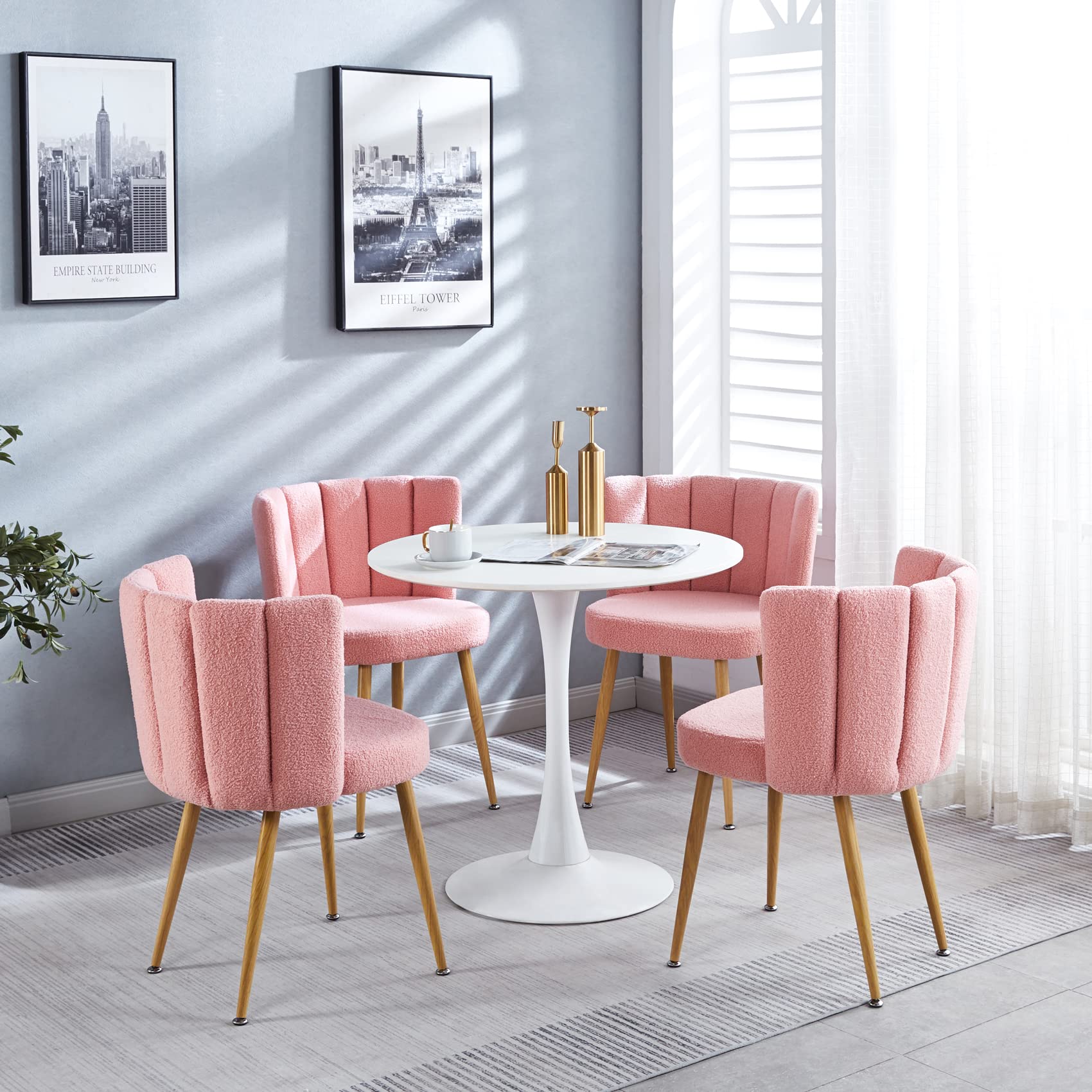 Pink Sherpa Accent Chairs Set of 2 - Mid Century Modern Upholstered Side Chairs for Dining Room, Living Room, Bedroom & Vanity - Cozy Seating for Home Office, Reading Nook & Lounge Areas