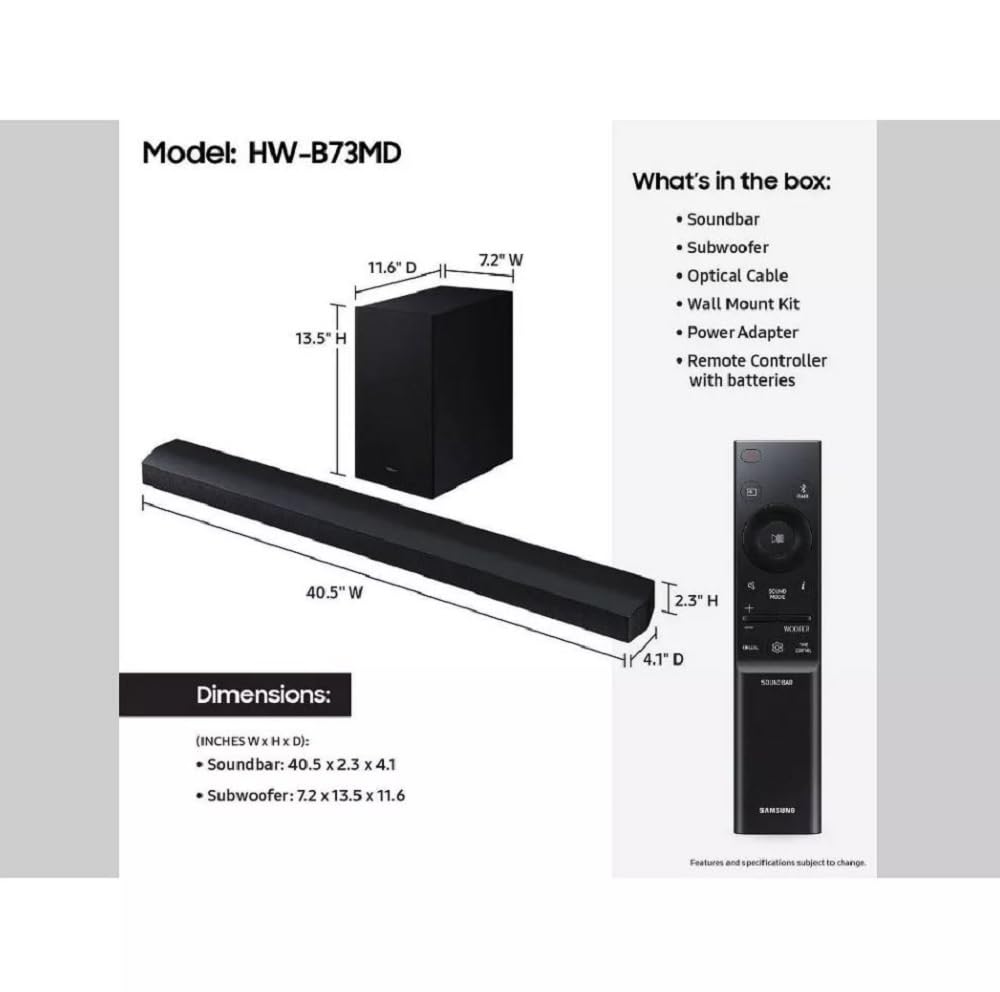 SAMSUNG HW-B73MD/ZA 5.1ch Soundbar with Wireless Subwoofer, DTS Virtual:X & Bass Boost - Premium Renewed Black Sound Bar for Home Theater & Gaming
