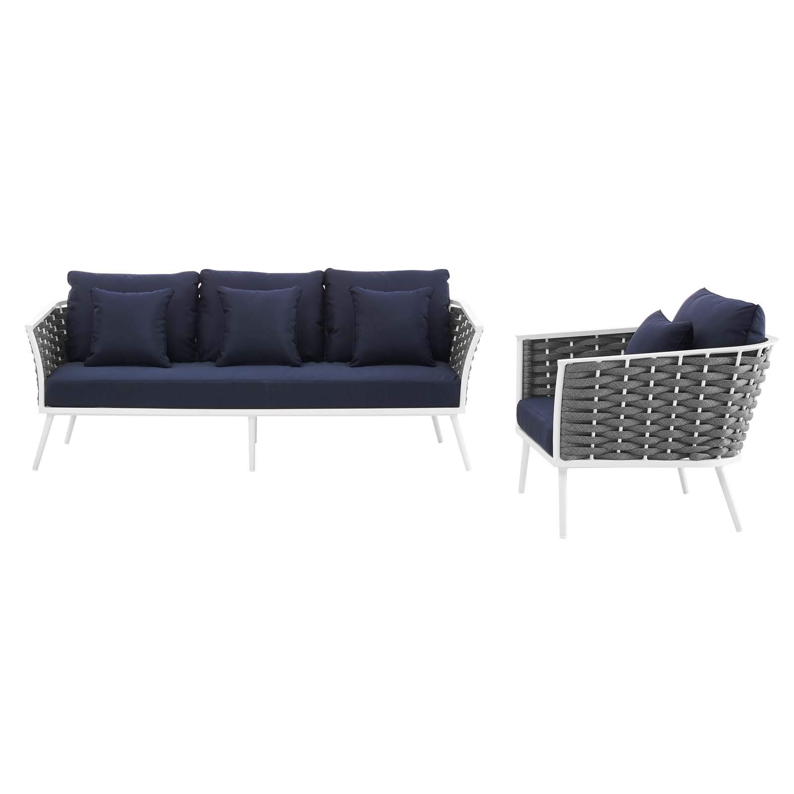 Modern Outdoor Patio Furniture Set - Aluminum Lounge Chair & Sofa with Navy Fabric Cushions - Perfect for Balcony, Garden, or Poolside Relaxation