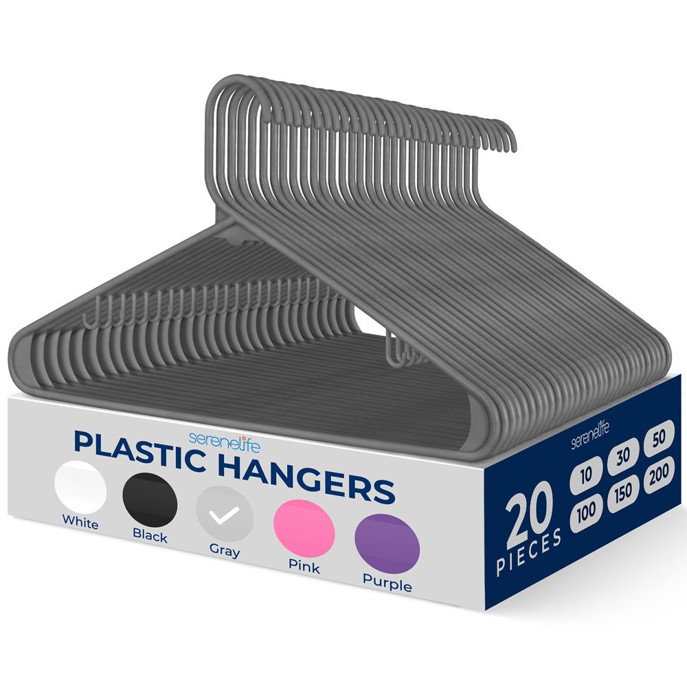 SereneLife Premium 20 Pack Plastic Hangers - Lightweight & Durable Space-Saving Closet Organizers for Shirts, Sweaters, Hoodies, Dresses & Kids Clothes - Ideal for Home, Closet & Wardrobe Organization (Gray)
