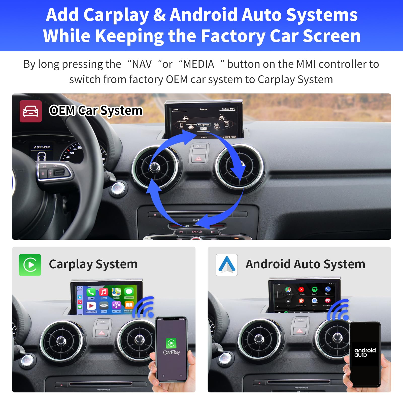 Road Top Wireless CarPlay & Android Auto Retrofit Kit for Audi A1 (2013-2018) with RMC System - Supports Navigation, MirrorLink, Rear Camera & Siri Voice Control | Plug & Play Upgrade for Seamless Smartphone Integration & Safer Driving
