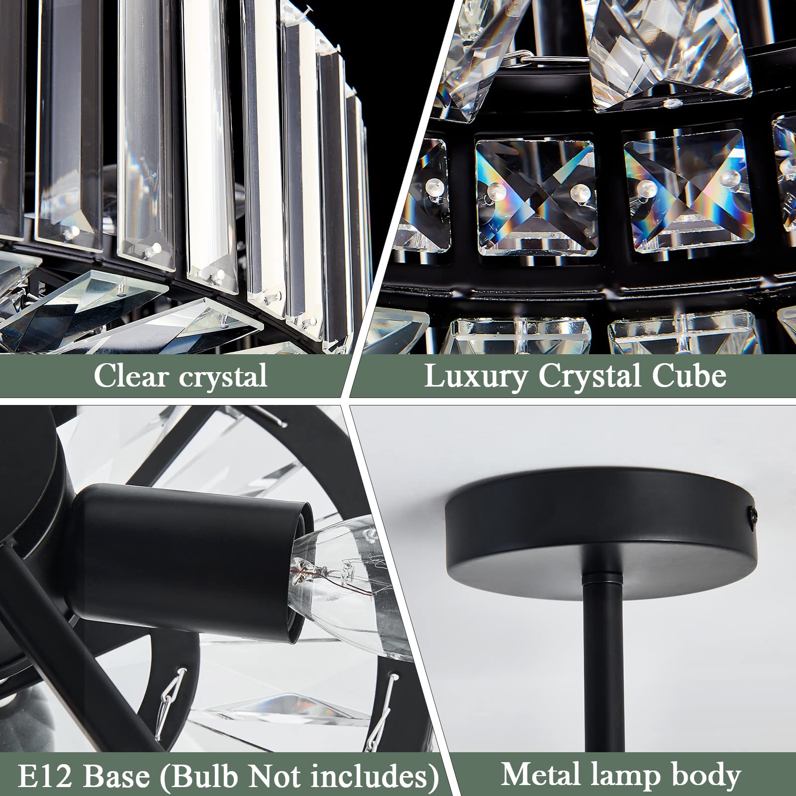 4-Light Modern Crystal Chandelier - Black Round Semi-Flush Mount Ceiling Light Fixture - Farmhouse Style Lighting for Dining Room, Living Room, Bedroom, Hallway, Entryway & Kitchen - Perfect for Home Decor, Wedding Venues and Restaurants