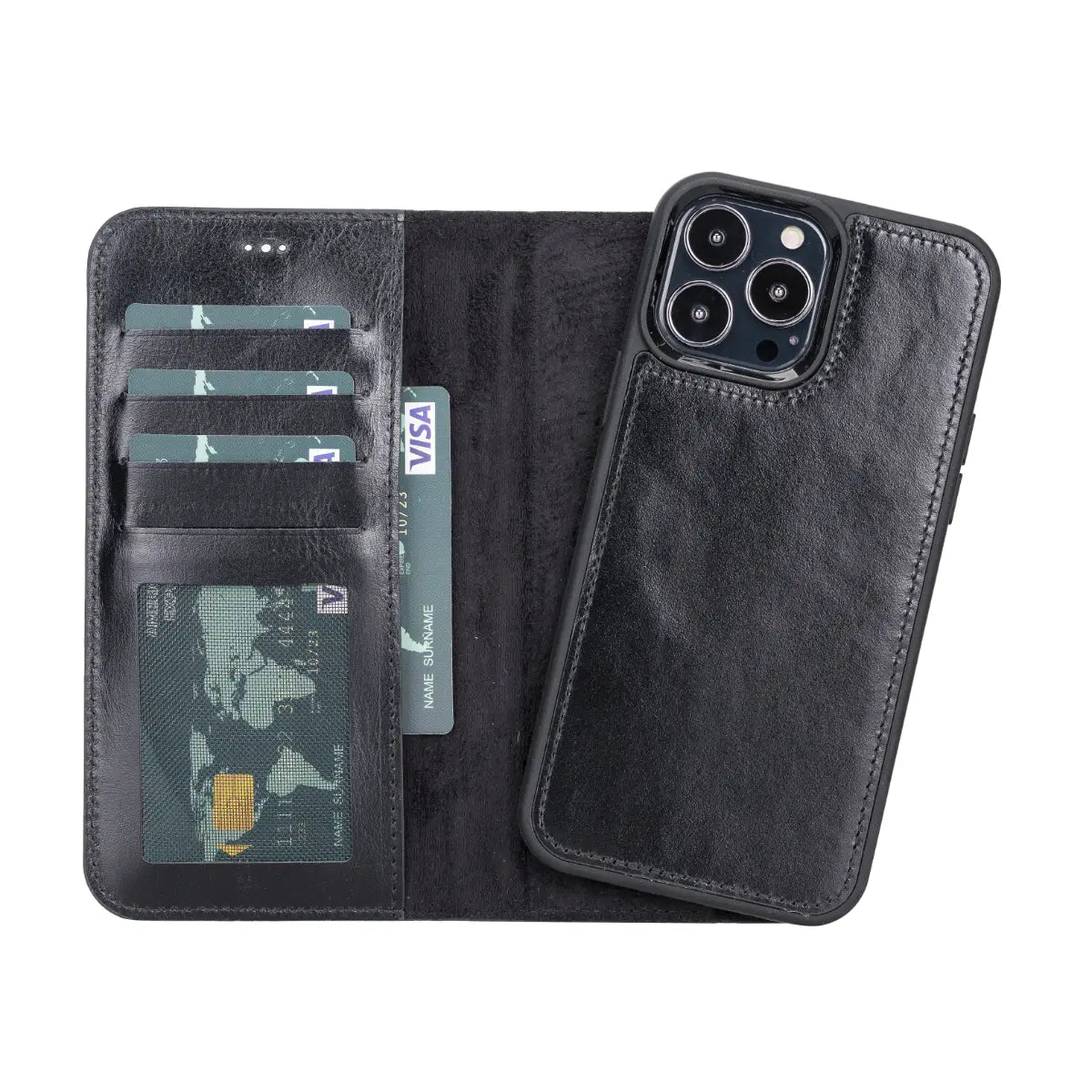 Premium Black Leather RFID Blocking Wallet Case for iPhone 13 Pro Max - Slim Protective Cover with Card Slots for Credit Cards & ID (Perfect for Travel, Business & Everyday Use)