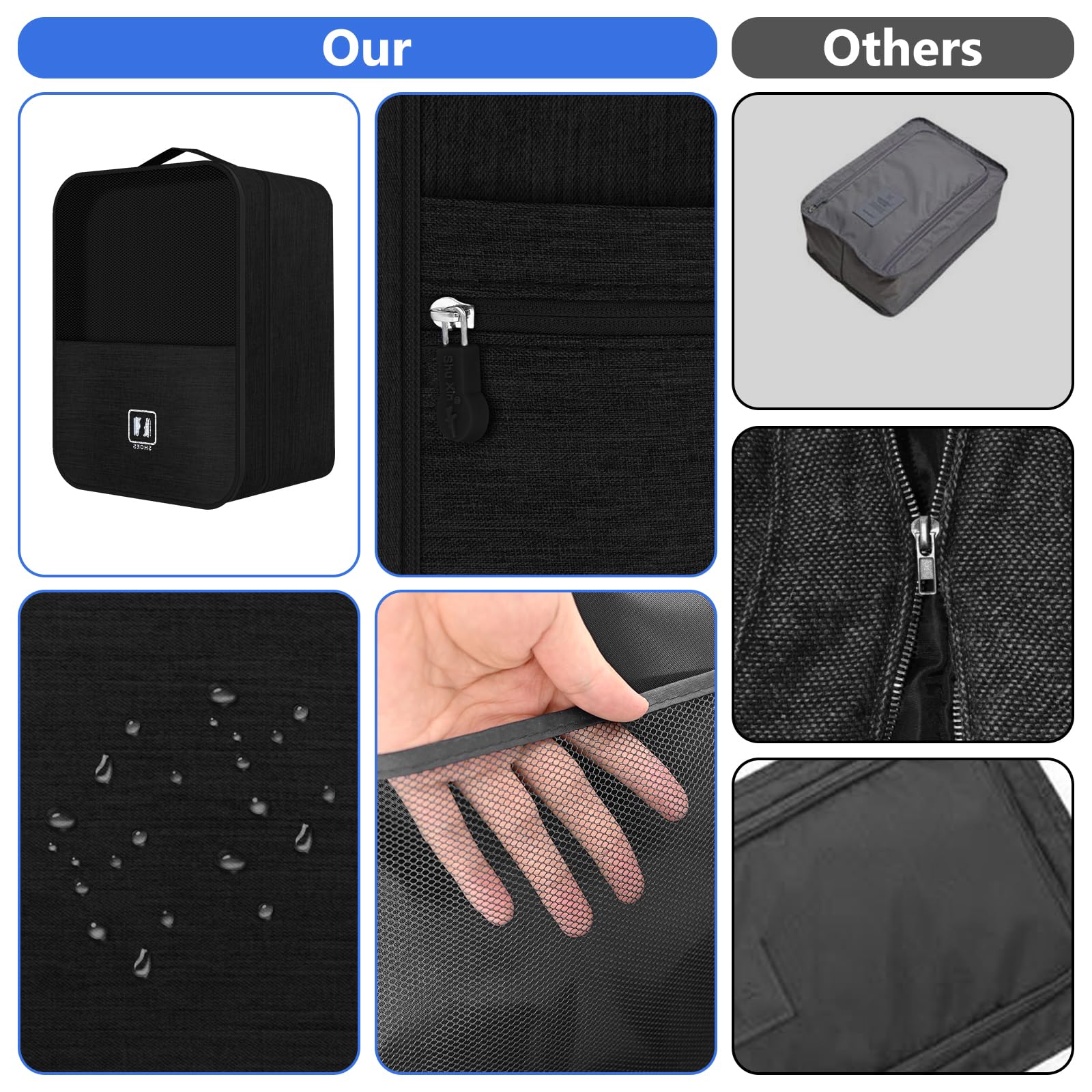 Waterproof Travel Shoe Bag for 3 Pairs - Compact Shoe Organizer for Men & Women (Black) - Perfect for Packing Sneakers & Gym Shoes