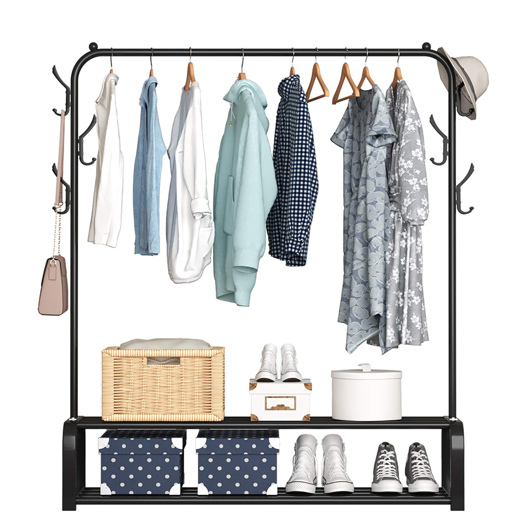 YAYI Freestanding Garment Rack with 2-Tier Storage Shelf & Side Hooks - Heavy Duty Clothes Hanger Organizer for Bedroom, Closet, Laundry Room - Perfect for Clothes Storage, Drying & Wardrobe Organization (Black)