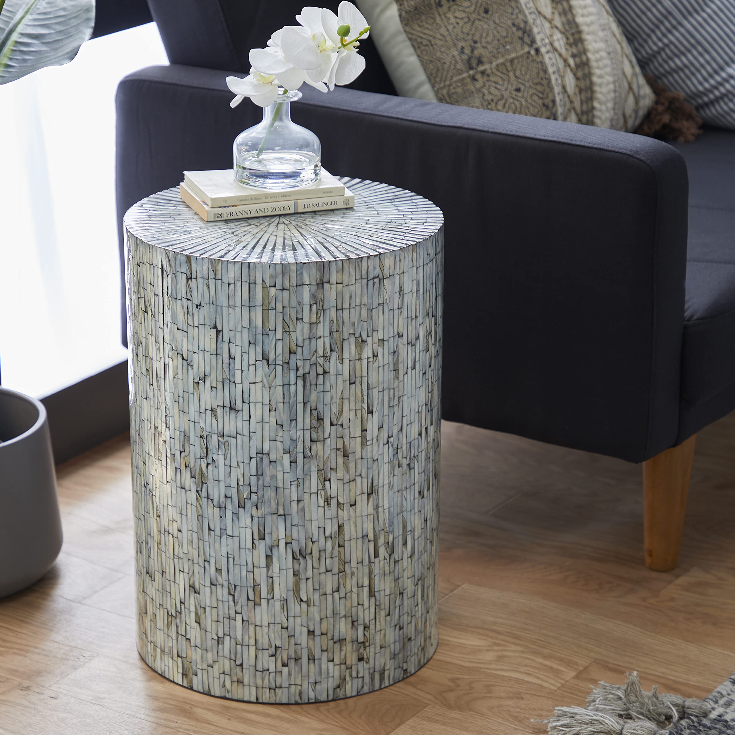 Handmade Mother of Pearl Shell Mosaic Accent Table - Light Blue Side Table 14
