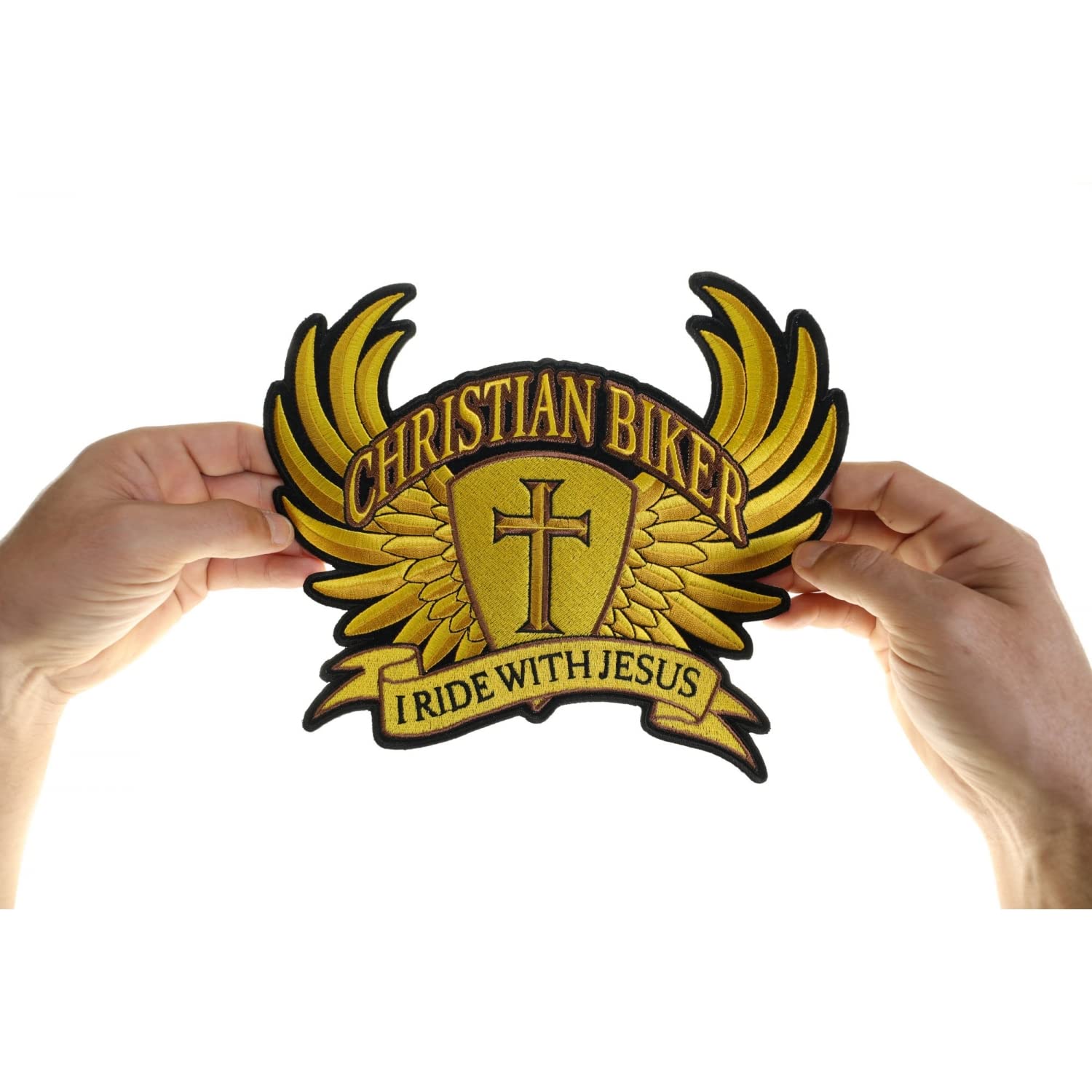 Christian Biker Cross in Wings I Ride with Jesus Patch - Large Embroidered Back Patches for Motorcycle Vest & Jacket - Perfect for Biker Church, Christian Riders & Motorcycle Ministries