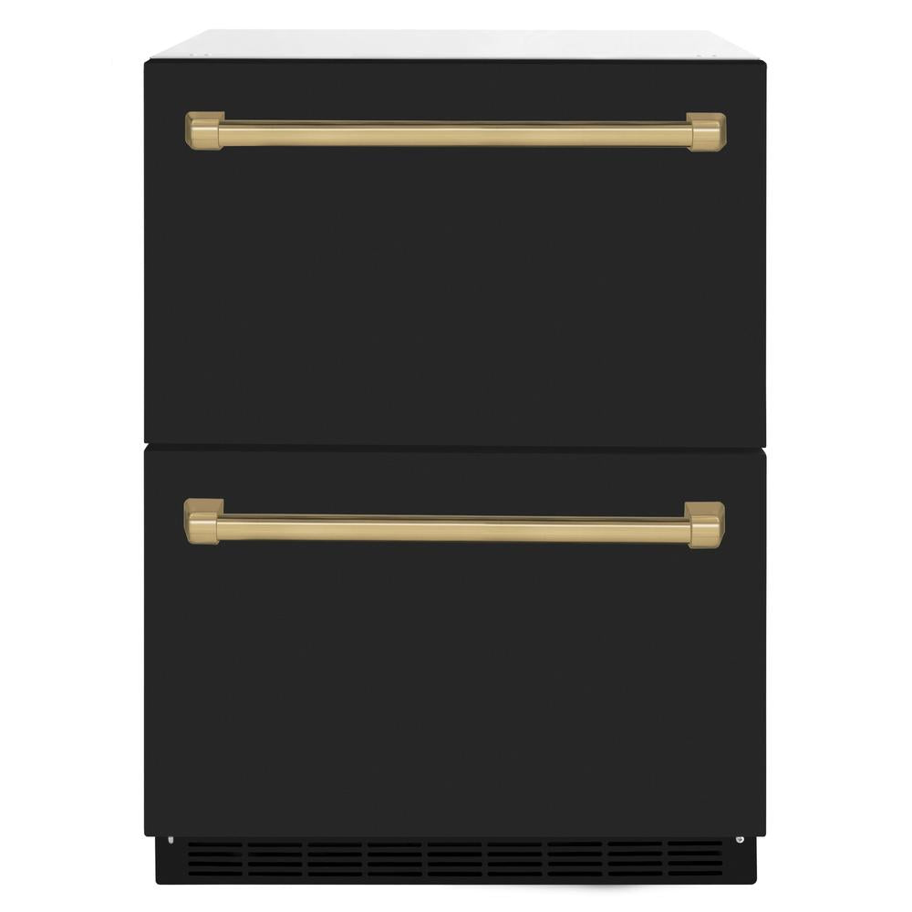 ZLINE Autograph Edition 24 Inch Outdoor Rated Dual Refrigerator Drawer with Black Matte Doors & Champagne Bronze Handles - 168 Can Capacity, Touchstone Series (RDSOZ BLM 24 CB) - Perfect for Outdoor Kitchens, Patio Bars & Entertaining Spaces