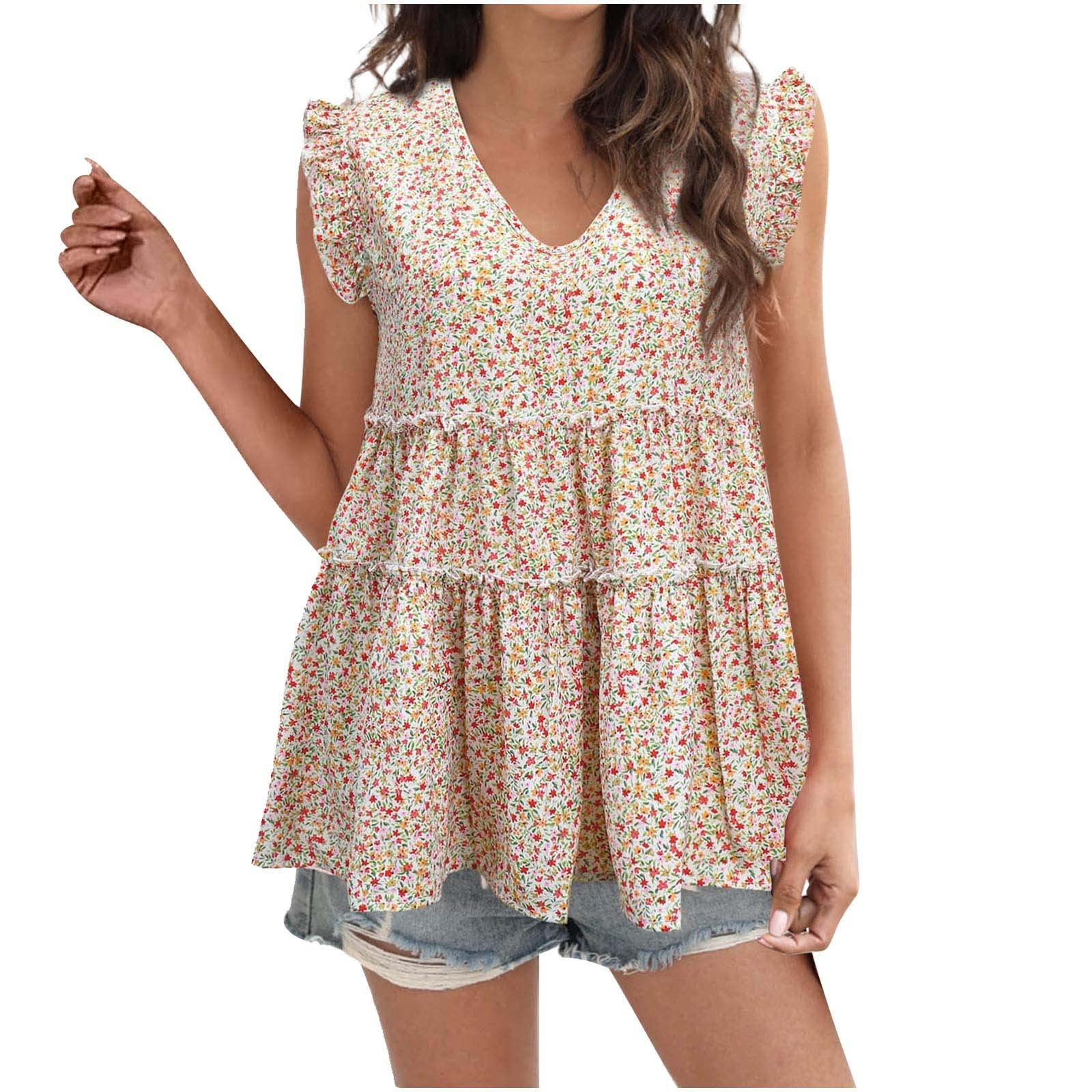 Women's Floral V-Neck Peplum Babydoll Blouse - Slim Fit Tiered Tunic Top with Ruffled Sleeveless Design for Casual Wear | Perfect for Office, Date Night & Summer Outfits