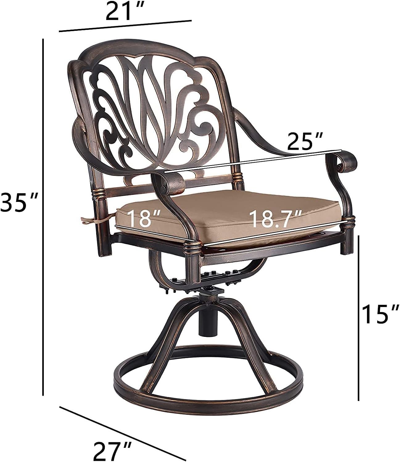 TITIMO 2-Piece Outdoor Patio Dining Chair Set - Cast Aluminum Swivel Rocker Bistro Chairs with Khaki Cushions - Antique Bronze Garden Furniture for Deck, Backyard & Poolside Relaxation