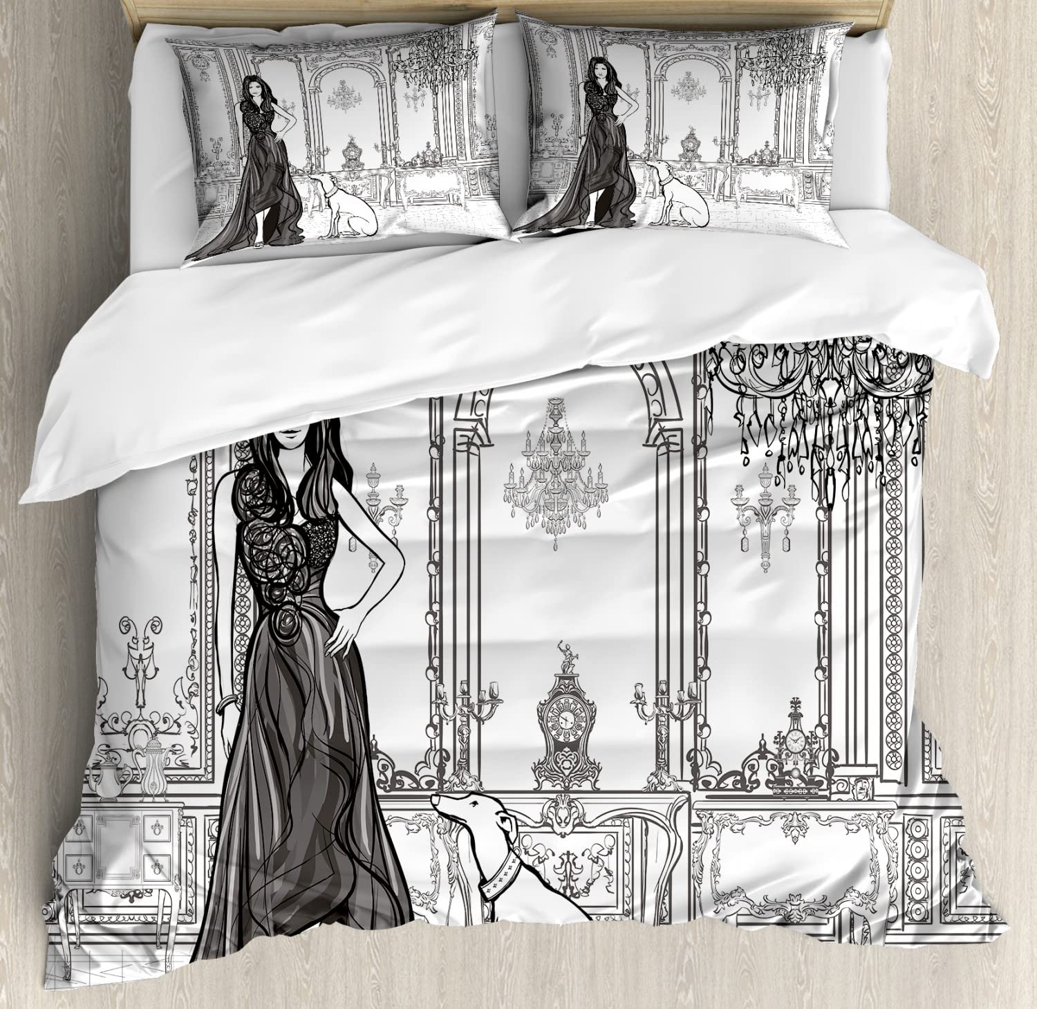 Ambesonne Victorian Palace Dog Baroque Print Duvet Cover Set - 2 Pack Cal King Size, Dark Grey & White | 2 Duvet Covers & 4 Pillowcases | Teen Room Decor, Gothic Bedding for Girls & Women | Perfect for Victorian-Themed Bedrooms & Dog Lovers