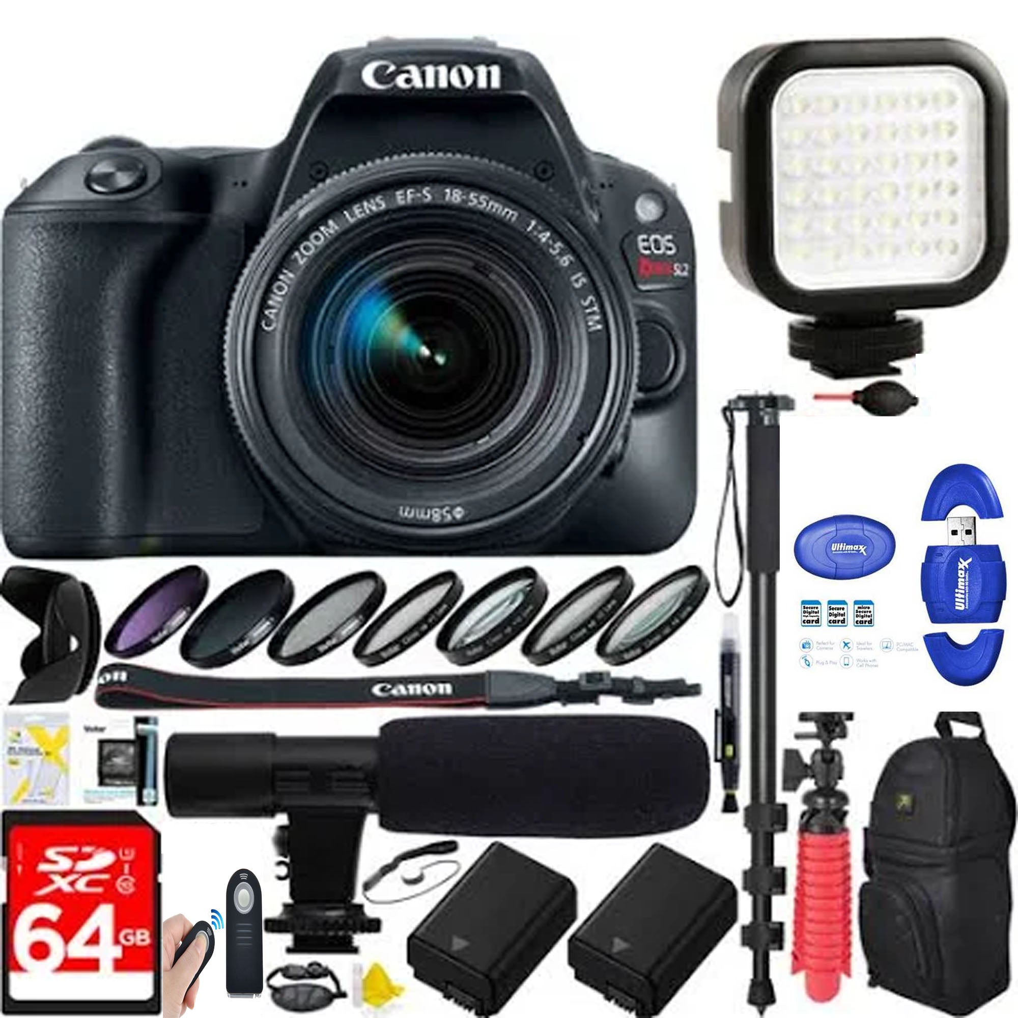 Canon EOS Rebel SL2/250D/SL3 DSLR Camera with 18-55mm Lens Kit (Black) - 64GB Memory Card, Dual Battery & Professional Mic Bundle - Perfect for Travel Photography, Vlogging & YouTube Content Creation