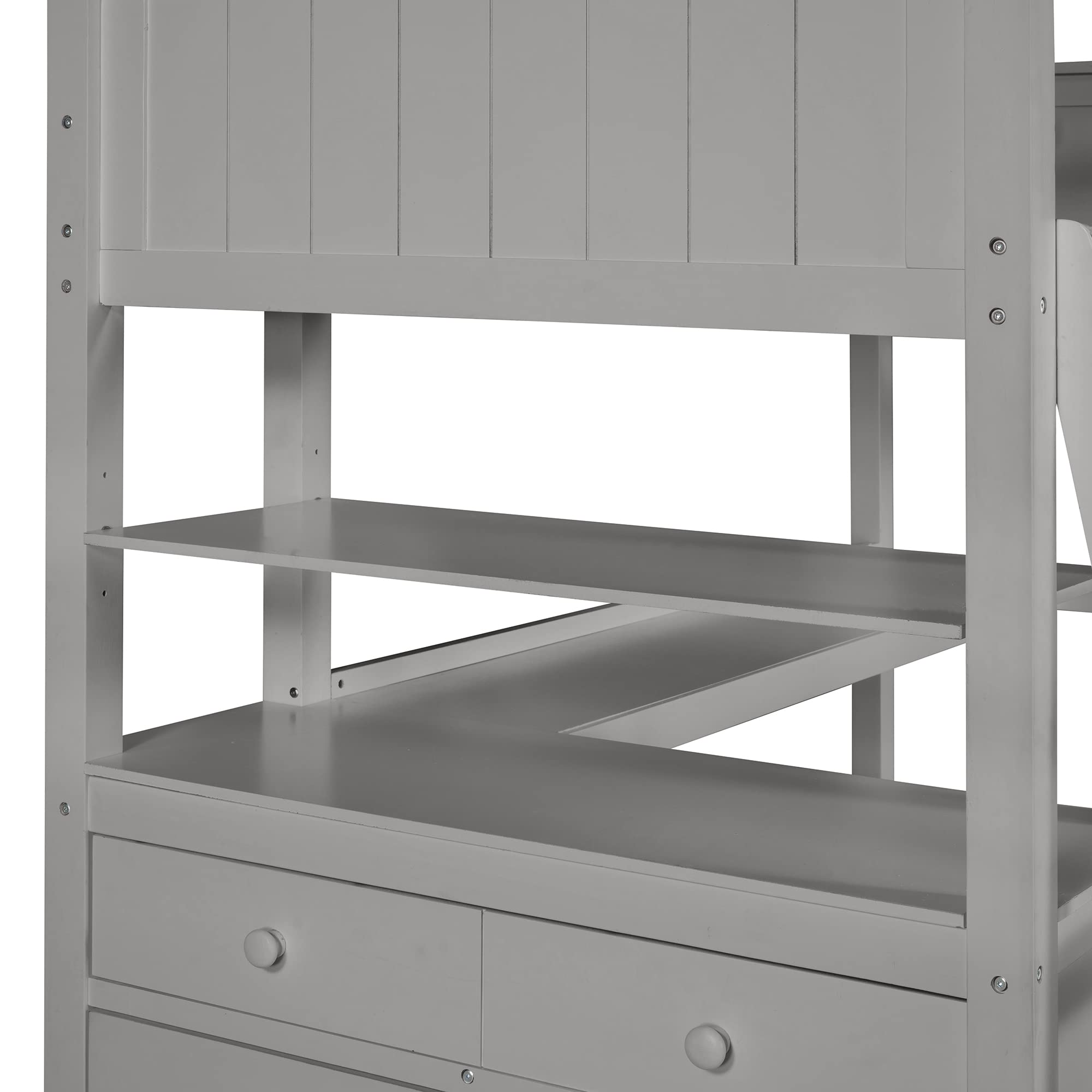 **Solid Wood Twin Loft Bed with Desk for Kids - Sturdy Loft Bed Frame with 3 Drawers & 3 Storage Shelves, Multi-Functional Study & Sleep Space with Ladder & Guardrails (Gray) - Perfect for Small Bedrooms, Dorms & Kids' Rooms**