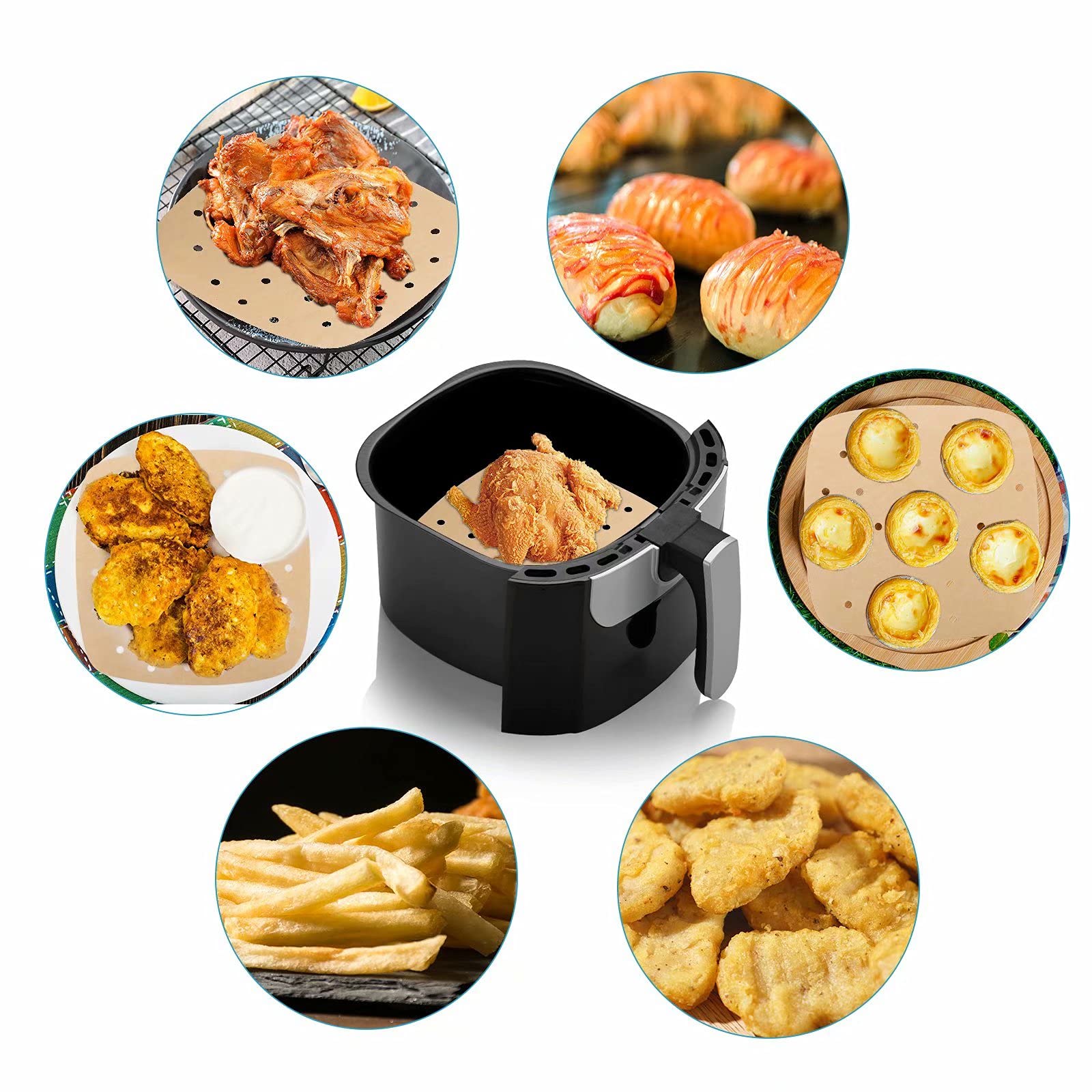 200PCS 8.5 Inch Square Perforated Air Fryer Parchment Paper Liners - Premium Bamboo Steamer Liner for Air Fryer, Oven, Baking & Cooking - Perfect for Healthy Meals, Snacks & Party Food Prep