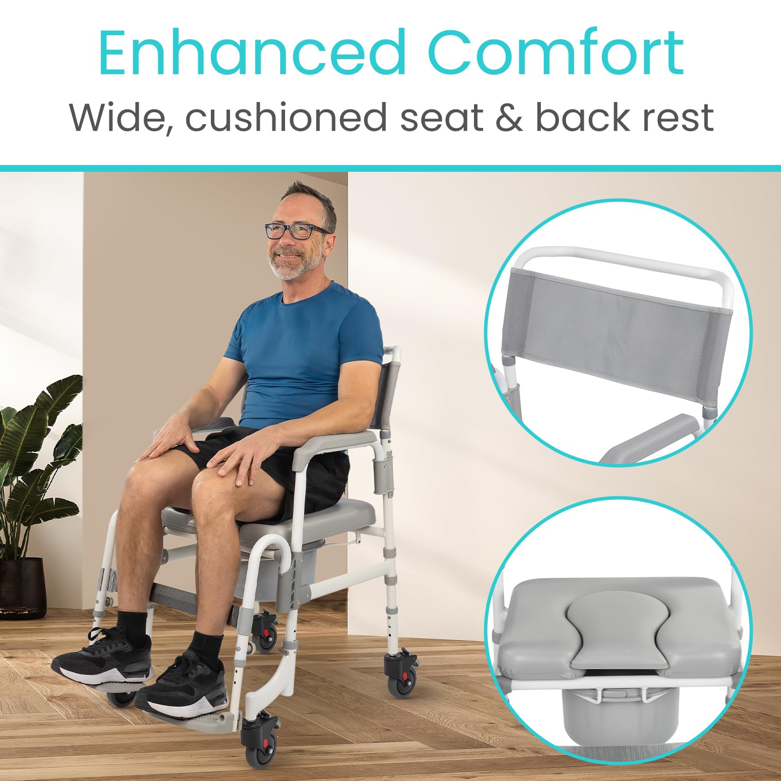 Vive 3-in-1 Rolling Commode & Shower Chair with Wheels - Adjustable Height Transport Wheelchair for Bathroom & Bedside Use - Mobility Aid for Disabled Adults, Elderly & Seniors - FSA/HSA Eligible - Ideal for Home Care, Post-Surgery Recovery & Assisted Living Facilities