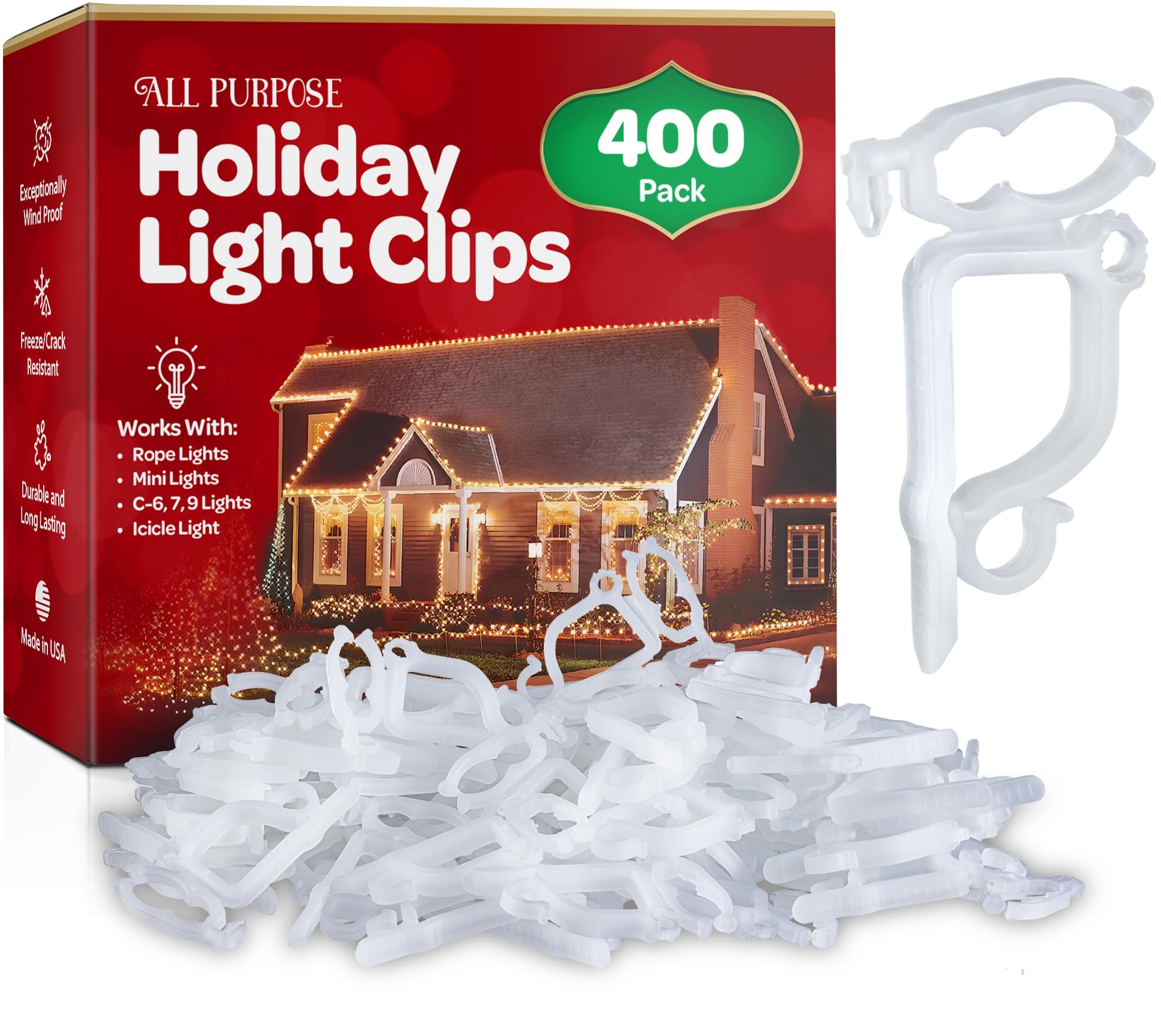 400-Pack All-Purpose Christmas Light Clips for Outdoor Holiday Decorations - Universal Fit for Mini, C6, C7, C9, Rope & Icicle Lights - Easy Gutter & Shingle Mounting - No Tools Needed - Made in USA - Perfect for Roof, Fence & Deck Lighting