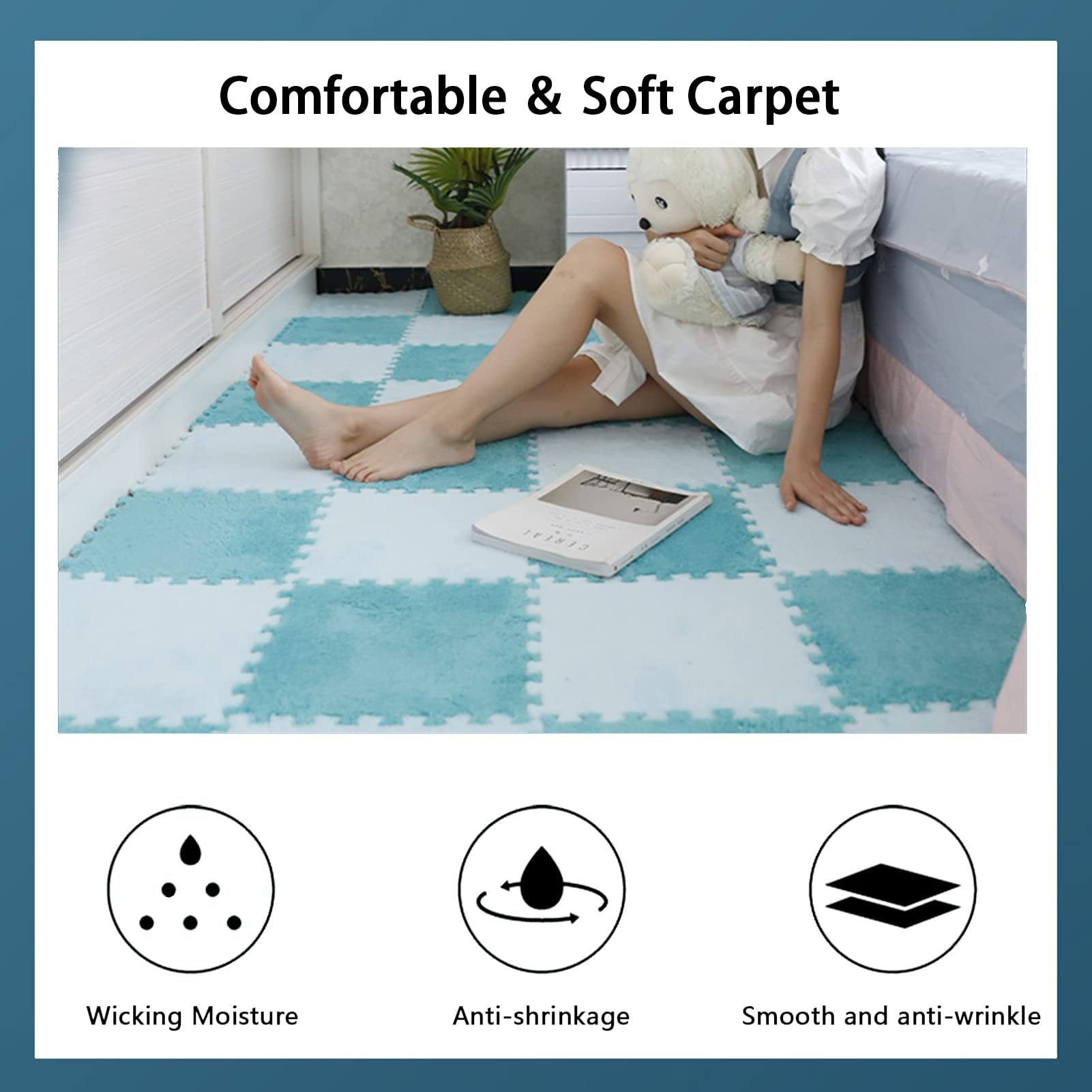 30 PCS Interlocking Foam Mats - Soft Fluffy Carpet Tiles & Plush Area Rug for Kids, 12